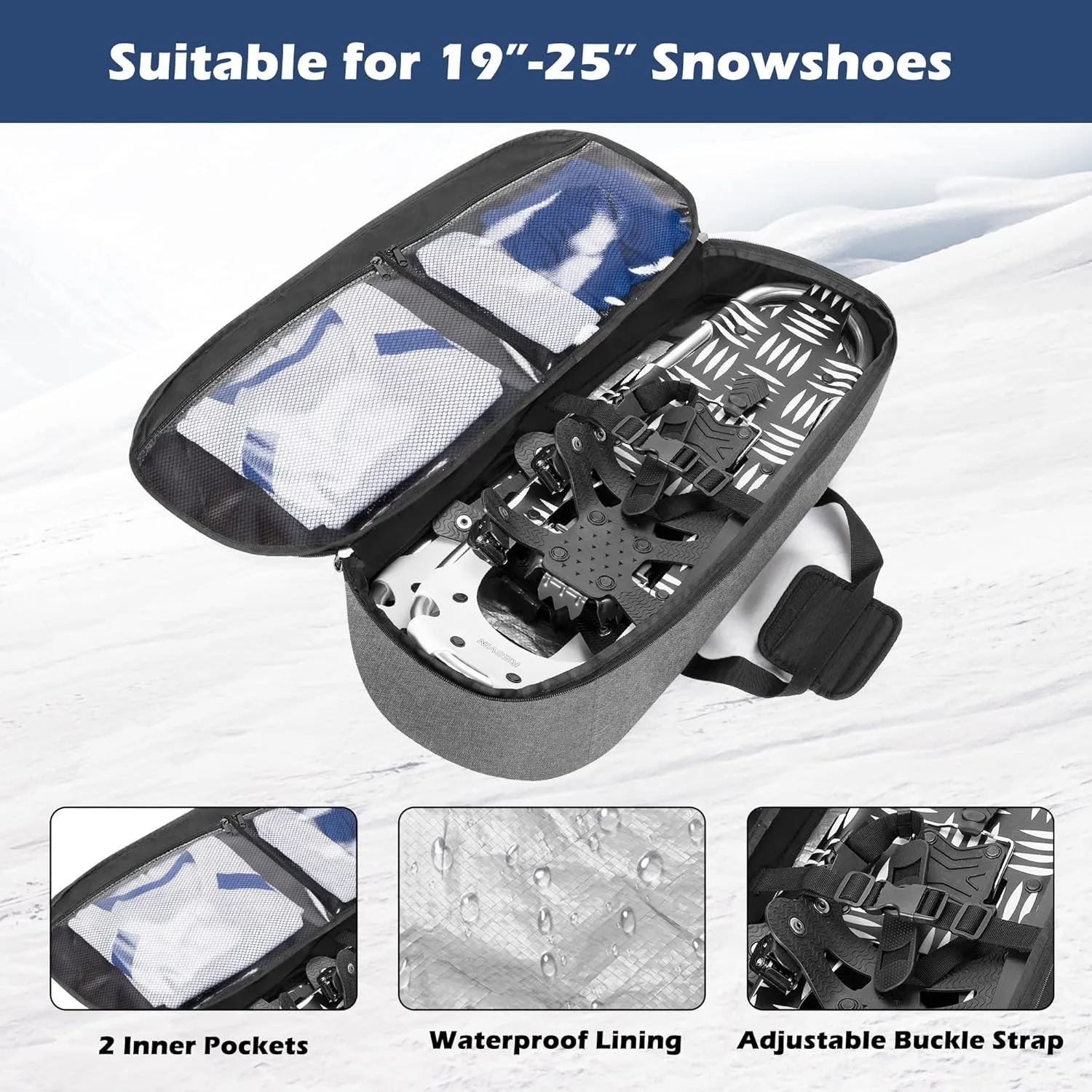 DSLEAF Snow Shoes Bag for 19”-25” Snowshoes, Snowshoes Backpack with Pockets for A Pair of Poles and Other Accessories, Easy to Carry with Shoulder Strap and Handle (Patent Design) Bag Only