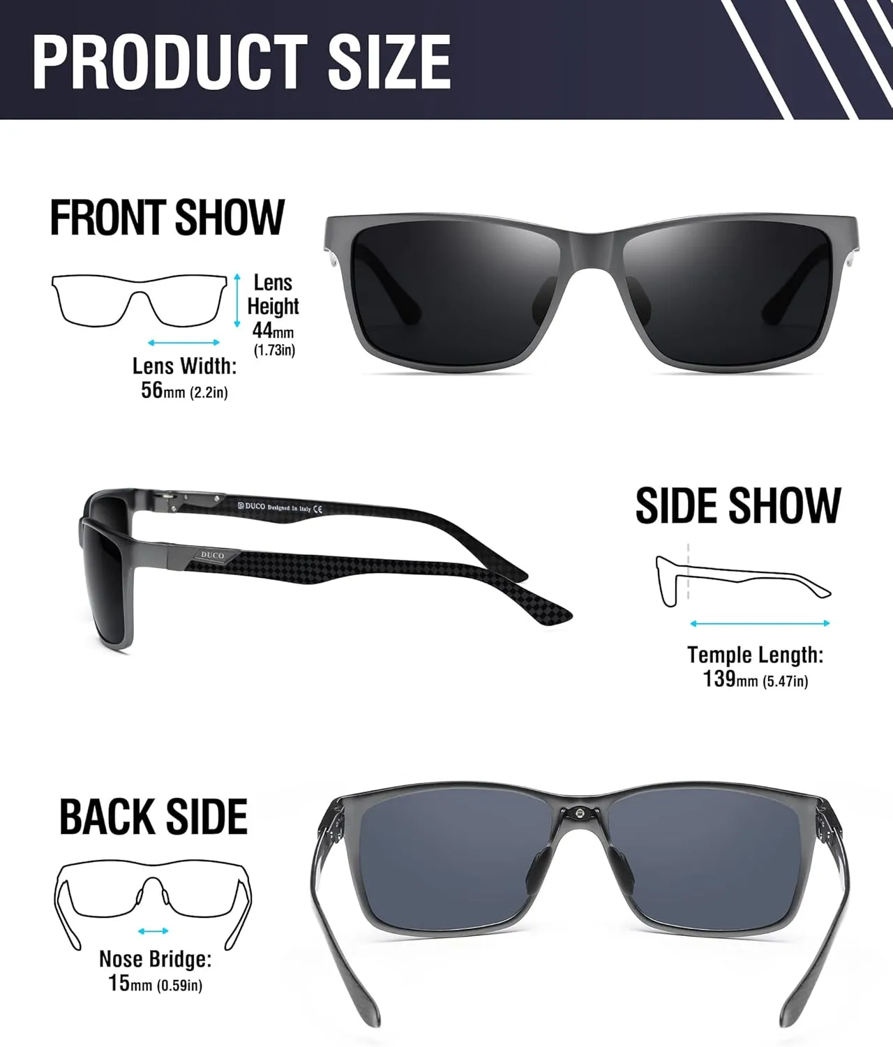 DUCO Mens Sunglasses Polarized Rectangle Sunglass for Men Lightweight Carbon Fiber UV400 Protection 8206