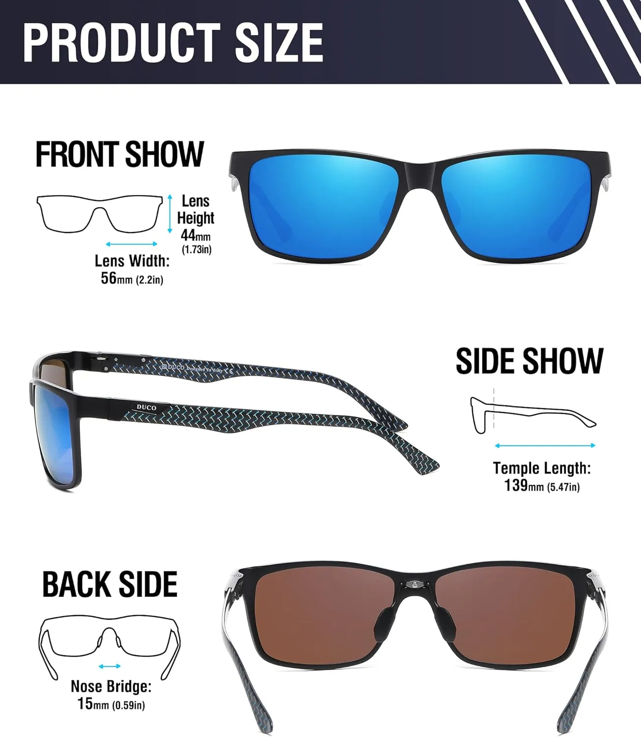 DUCO Mens Sunglasses Polarized Rectangle Sunglass for Men Lightweight Carbon Fiber UV400 Protection 8206