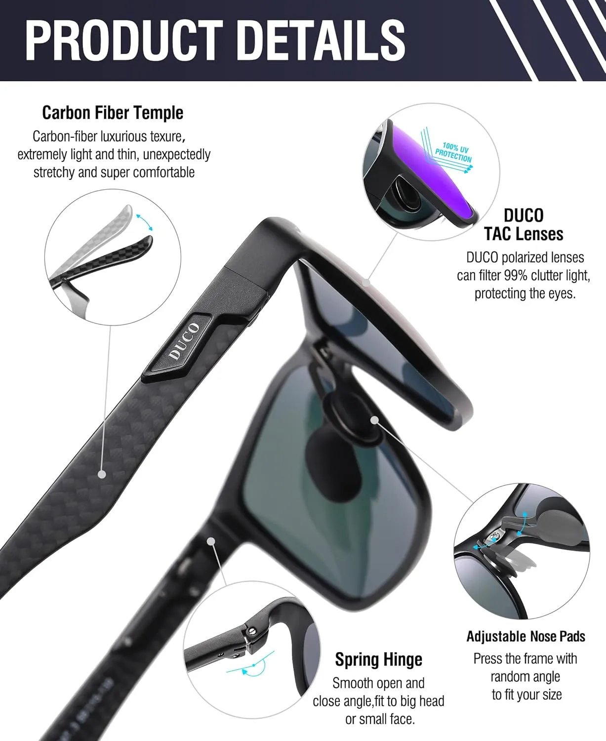 DUCO Mens Sunglasses Polarized Rectangle Sunglass for Men Lightweight Carbon Fiber UV400 Protection 8206