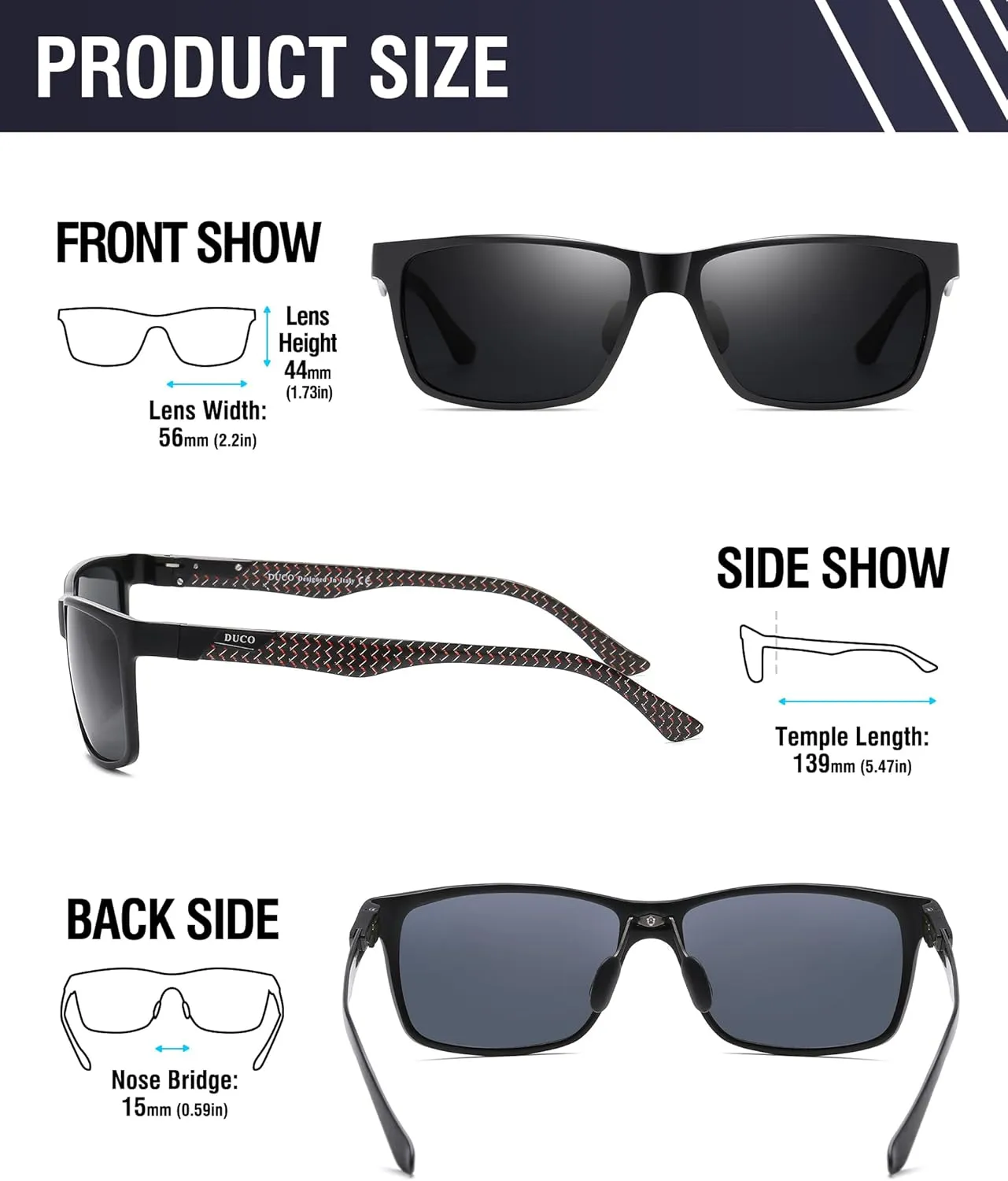 DUCO Mens Sunglasses Polarized Rectangle Sunglass for Men Lightweight Carbon Fiber UV400 Protection 8206