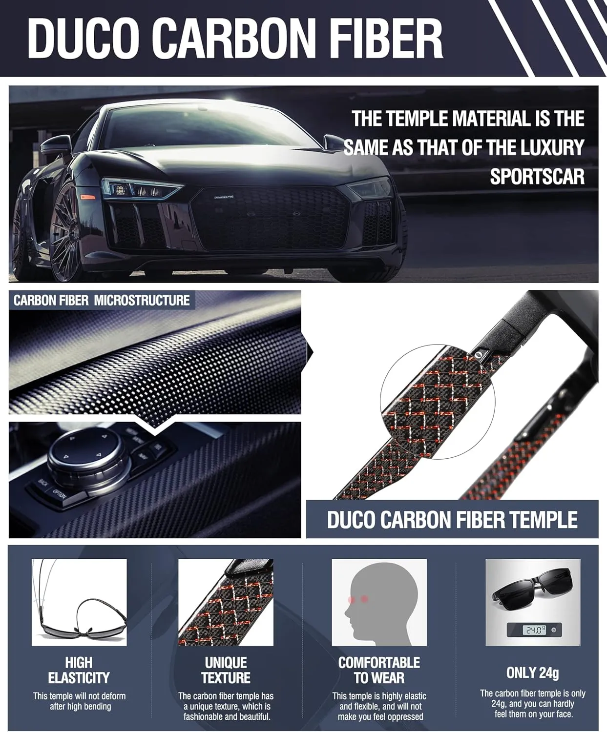 DUCO Mens Sunglasses Polarized Rectangle Sunglass for Men Lightweight Carbon Fiber UV400 Protection 8206