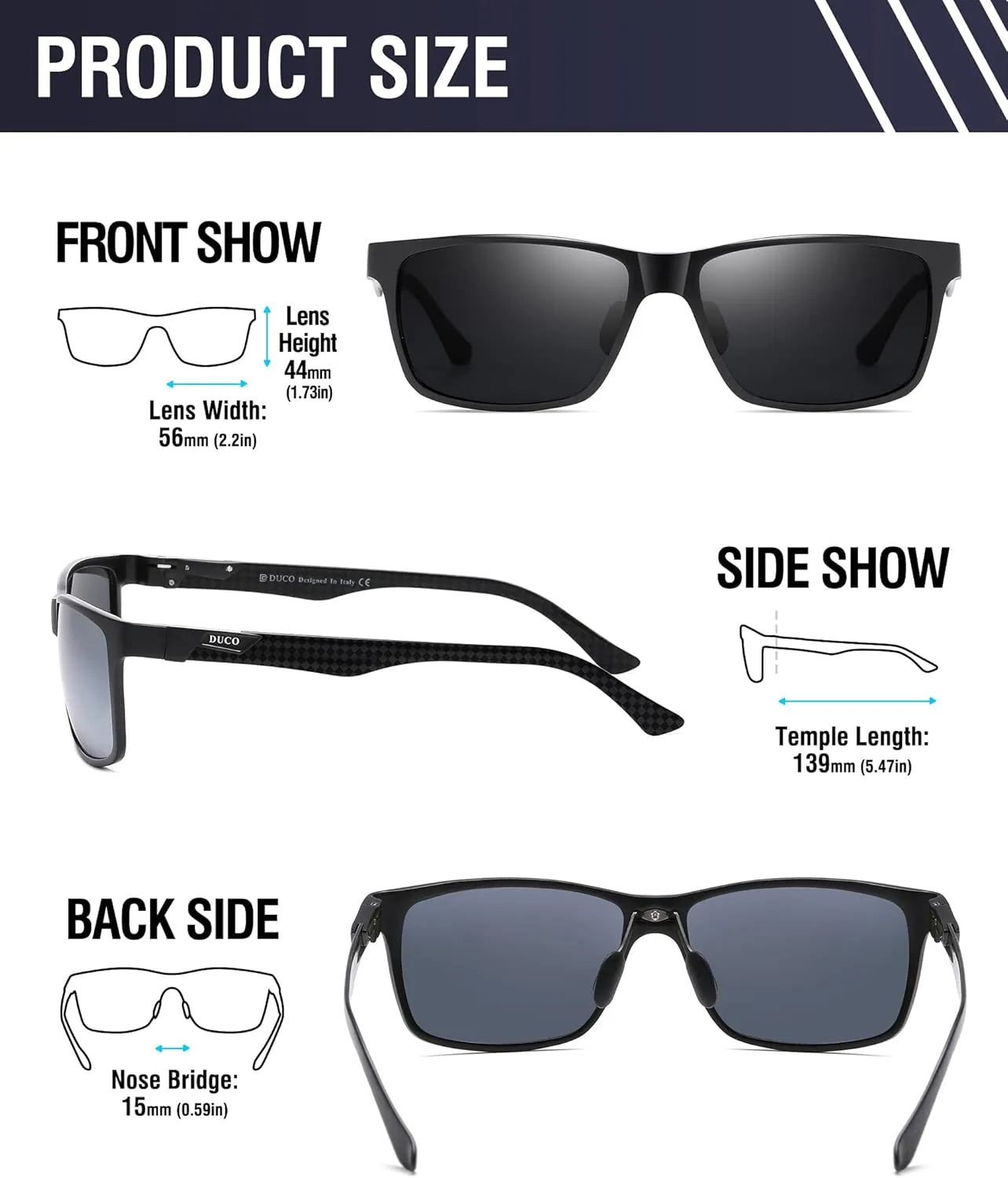 DUCO Mens Sunglasses Polarized Rectangle Sunglass for Men Lightweight Carbon Fiber UV400 Protection 8206