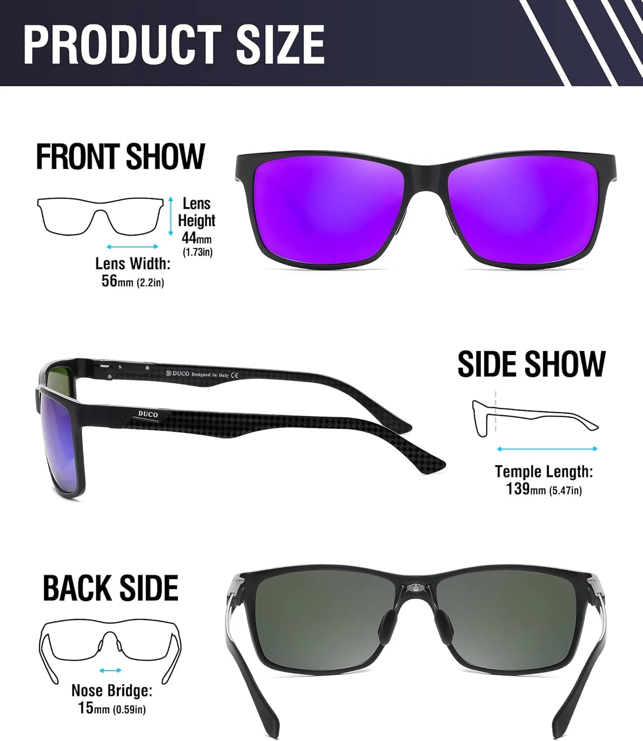 DUCO Mens Sunglasses Polarized Rectangle Sunglass for Men Lightweight Carbon Fiber UV400 Protection 8206