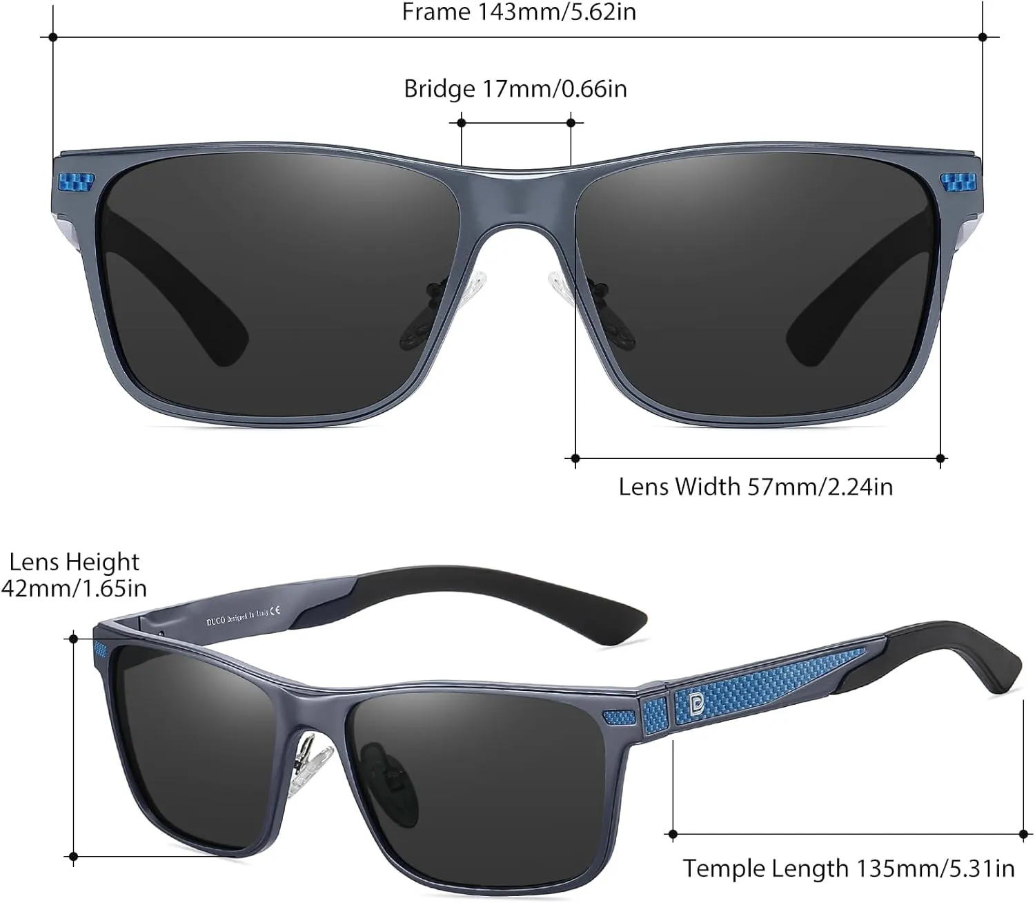 DUCO Polarized Sunglasses for Men Lightweight Carbon Fiber UV400 Protection Square Sun Glasses 8207