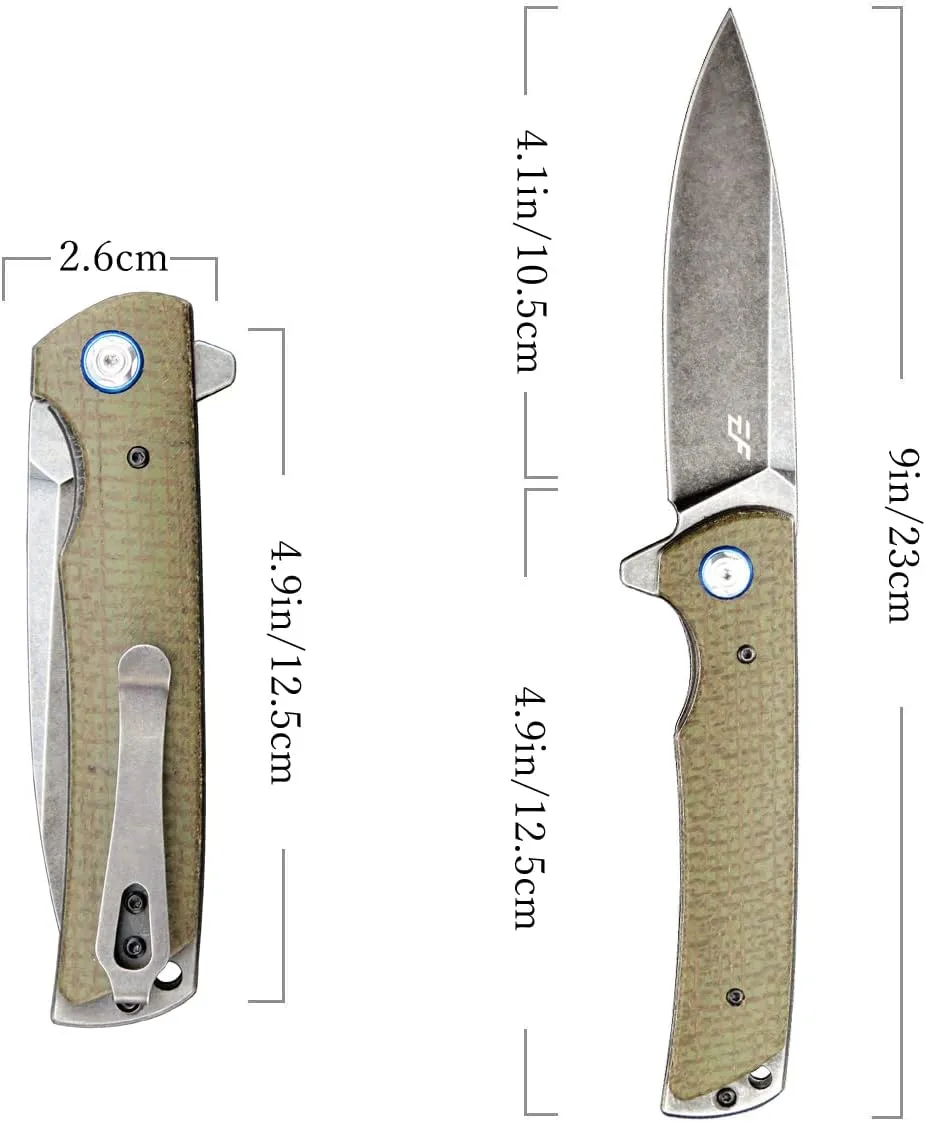 Eafengrow EF973 Folding Knife, D2 Steel Blade Micarta Handle Scale Pocket Knife Folder for Working Camping Hiking EDC Tool Knife（army green