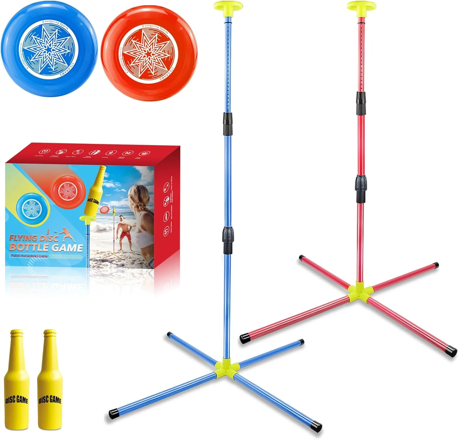 Eastgoing Outdoor Flying Disc Game Set, Bottle Game with Height Adjustment Button und Score Tracker, Outdoor Polish Horseshoes Game Set for Lawn, Backyard, Park, Camping，Beach Game