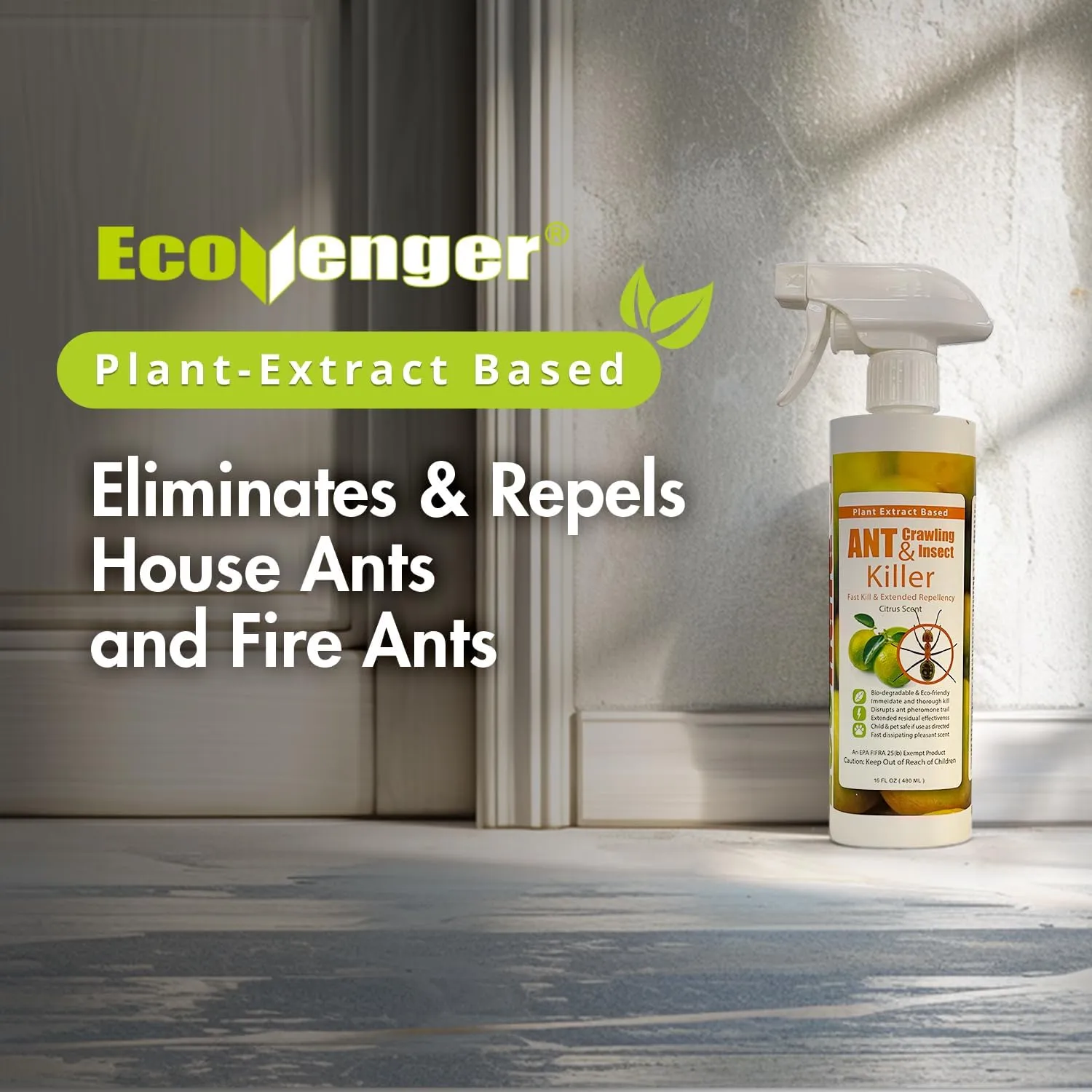 EcoVenger Ant Killer & Crawling Insect Killer (Citrus Scent) 16 oz, Kills Fast in Minutes, Also Kills Spiders, Centipedes & More, Repels with Residual, Natural & Non-Toxic, Safe for Children & Pets