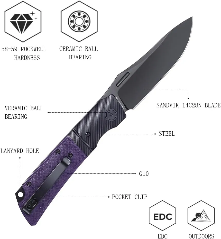 EDC Folding Knife - 3.59" Pocket Knife with G10 Handle with Pocket Clip & Steel Bolster for Man,14C28N Steel Outdoor Camping Knife for Hiking, Fishing, Survival (HRC59-60)- XUN123-PGB ( PVD Blade )