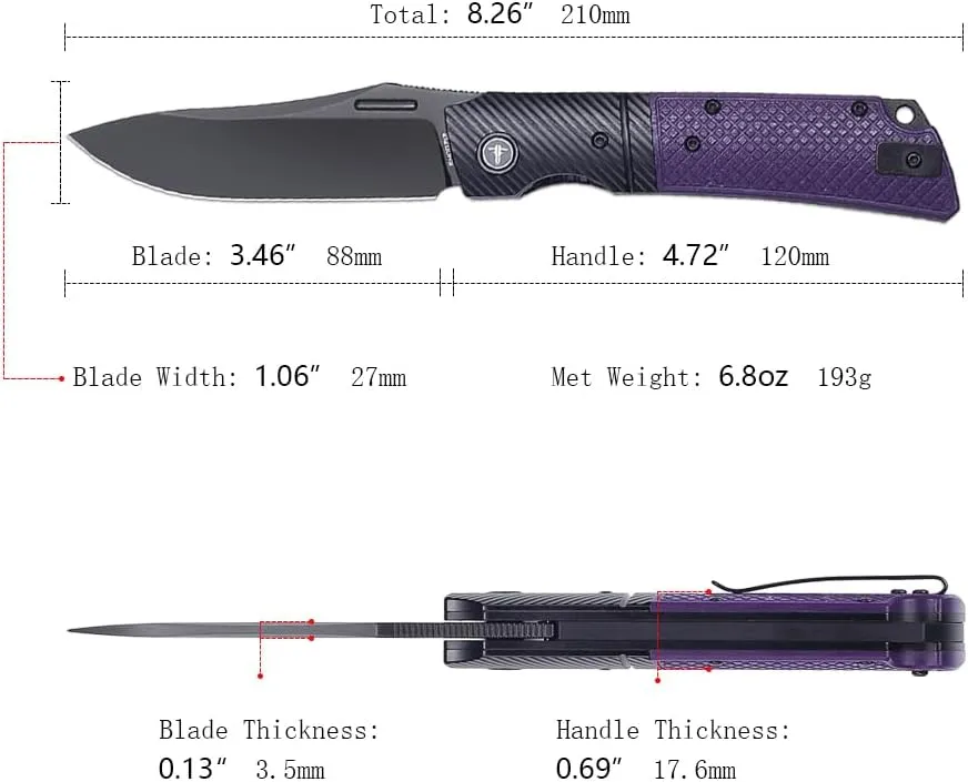 EDC Folding Knife - 3.59" Pocket Knife with G10 Handle with Pocket Clip & Steel Bolster for Man,14C28N Steel Outdoor Camping Knife for Hiking, Fishing, Survival (HRC59-60)- XUN123-PGB ( PVD Blade )