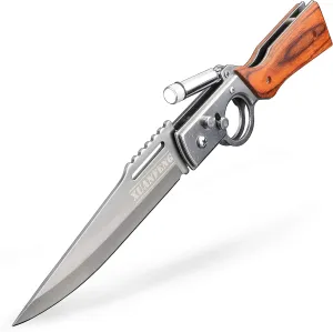 EDC Folding Pocket Knife Comes with spotlights,Wood Handle, Pocket Clip for Camping Bushcraft Hunting