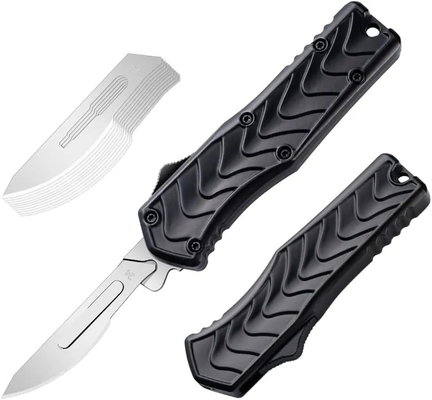 EDC Small Box Cutters Retractable, Compact Replacement Razor Blades Utility Knife, Aluminium Alloy Pocket Knife, Black Pocket Knife, Push Button EDC Razor Knife with 20PCS #24 Blades
