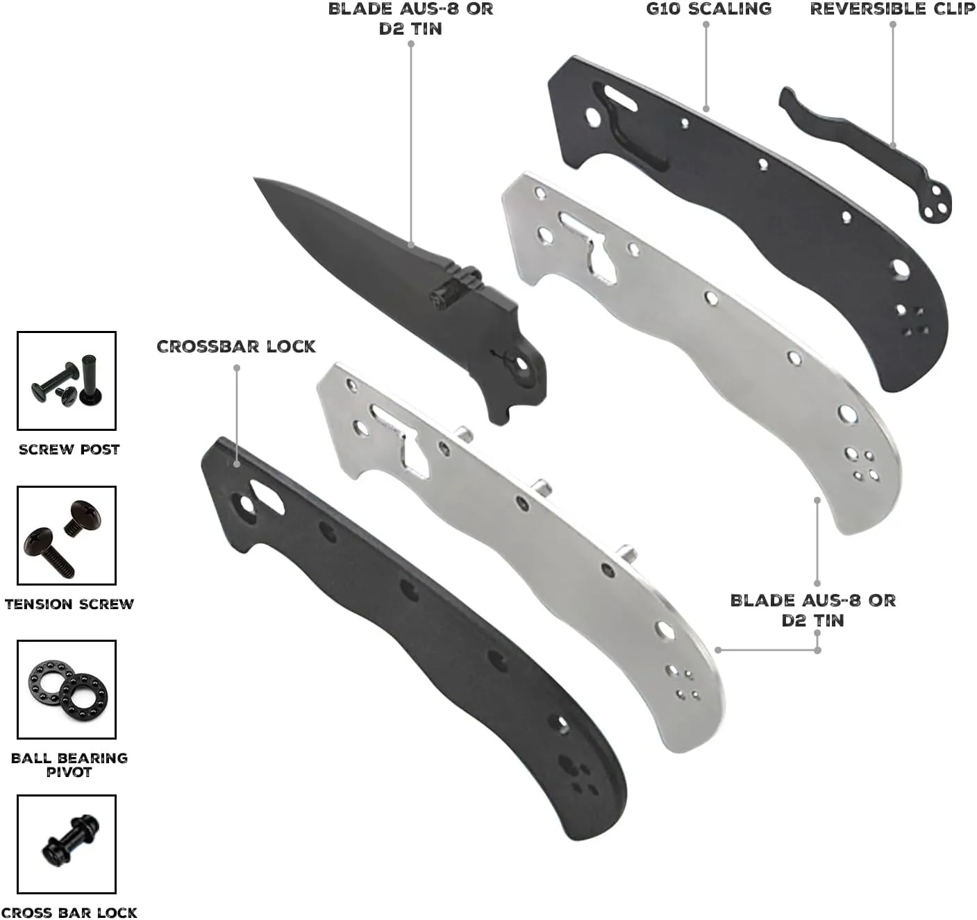 EDC Utility Knife, 3" Sharp D2 Blade, 7.5" Total Length, Textured G10 scale, Crossbar Lock, Reversible Clip, Ball Bearing Pivot, Ideal for Hunting, Camping, EDC Pocket Knife, Plain Drop D2 Steel Pocket Knife