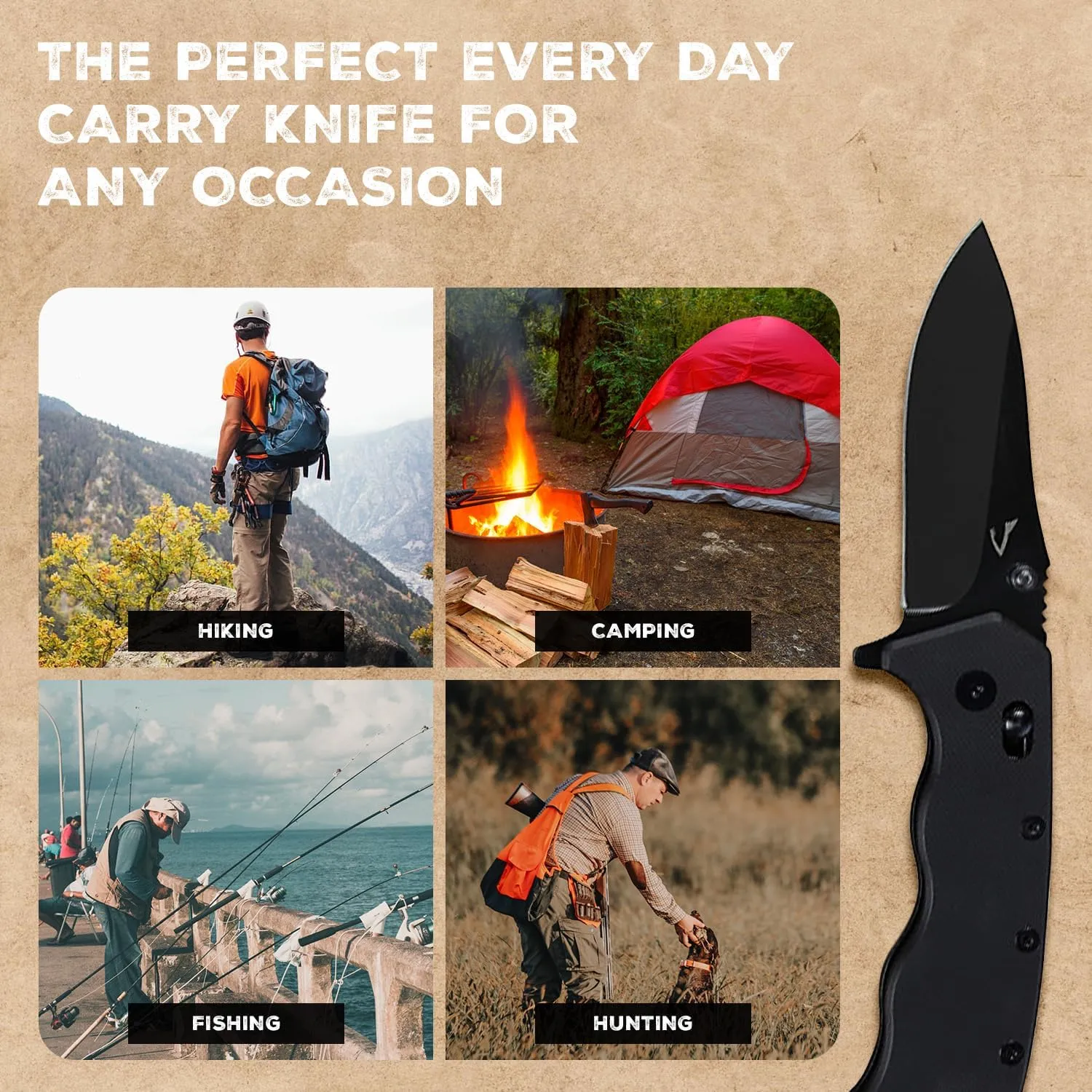 EDC Utility Knife, 3" Sharp D2 Blade, 7.5" Total Length, Textured G10 scale, Crossbar Lock, Reversible Clip, Ball Bearing Pivot, Ideal for Hunting, Camping, EDC Pocket Knife, Plain Drop D2 Steel Pocket Knife
