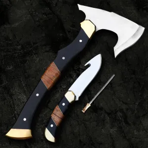 EdgeLandKnives® Hand Forged Tomahawk Throwing Axe and Bushcraft Knife Set, Heavy Duty D2 Steel Tomahawk Throwing Axe and Bushcraft Knife Set with Leather Sheath, Perfect Combo for Outdoorsmen (EL92)