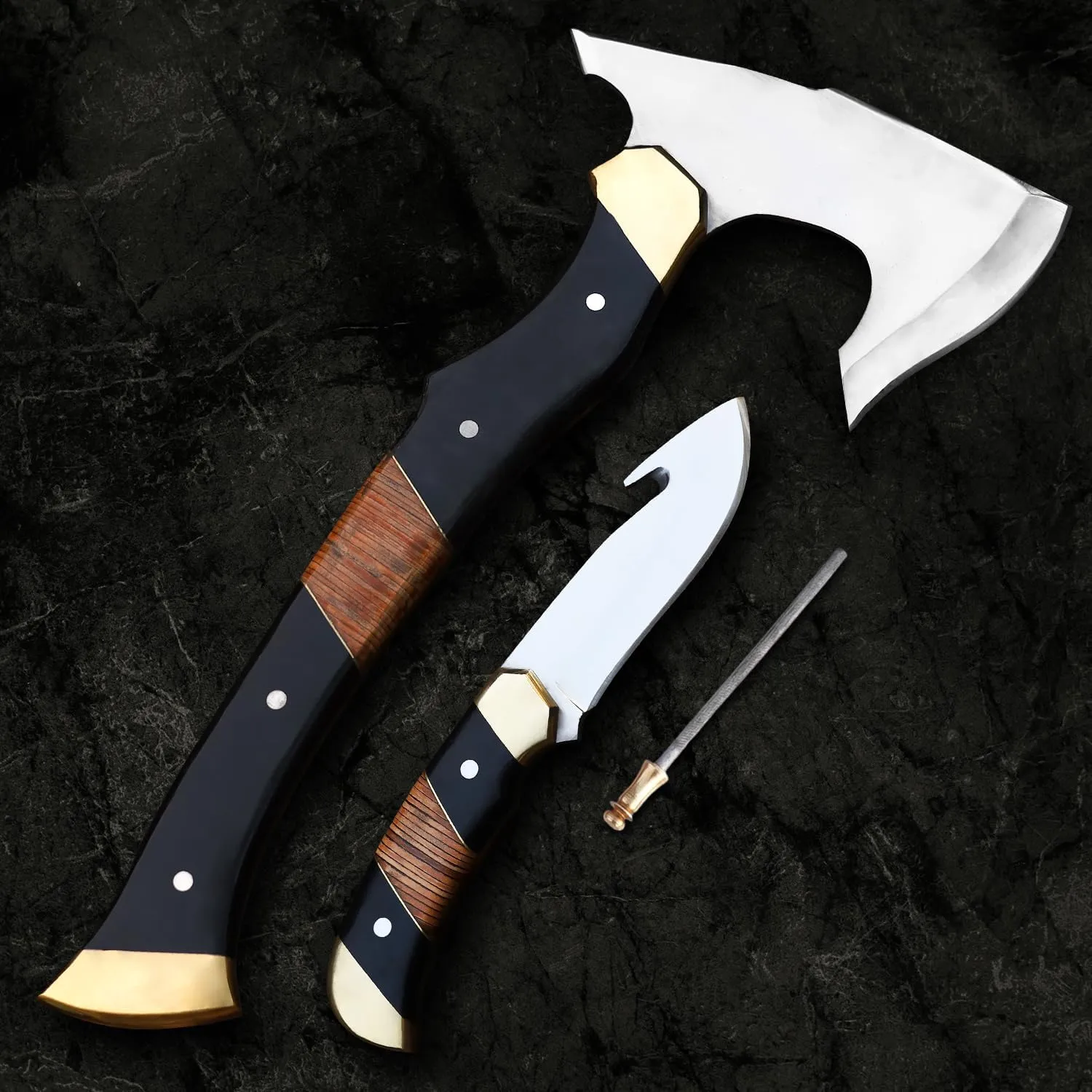 EdgeLandKnives® Hand Forged Tomahawk Throwing Axe and Bushcraft Knife Set, Heavy Duty D2 Steel Tomahawk Throwing Axe and Bushcraft Knife Set with Leather Sheath, Perfect Combo for Outdoorsmen (EL92)