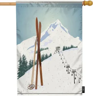 EKOBLA Retro Poster Decorative House Flag Wooden Old Fashioned Skis Poles Snowy Mountains Hiking Double Sided House Flags for Outdoor Park Farmhouse Decor Cotton Linen 28 x 40 Inch