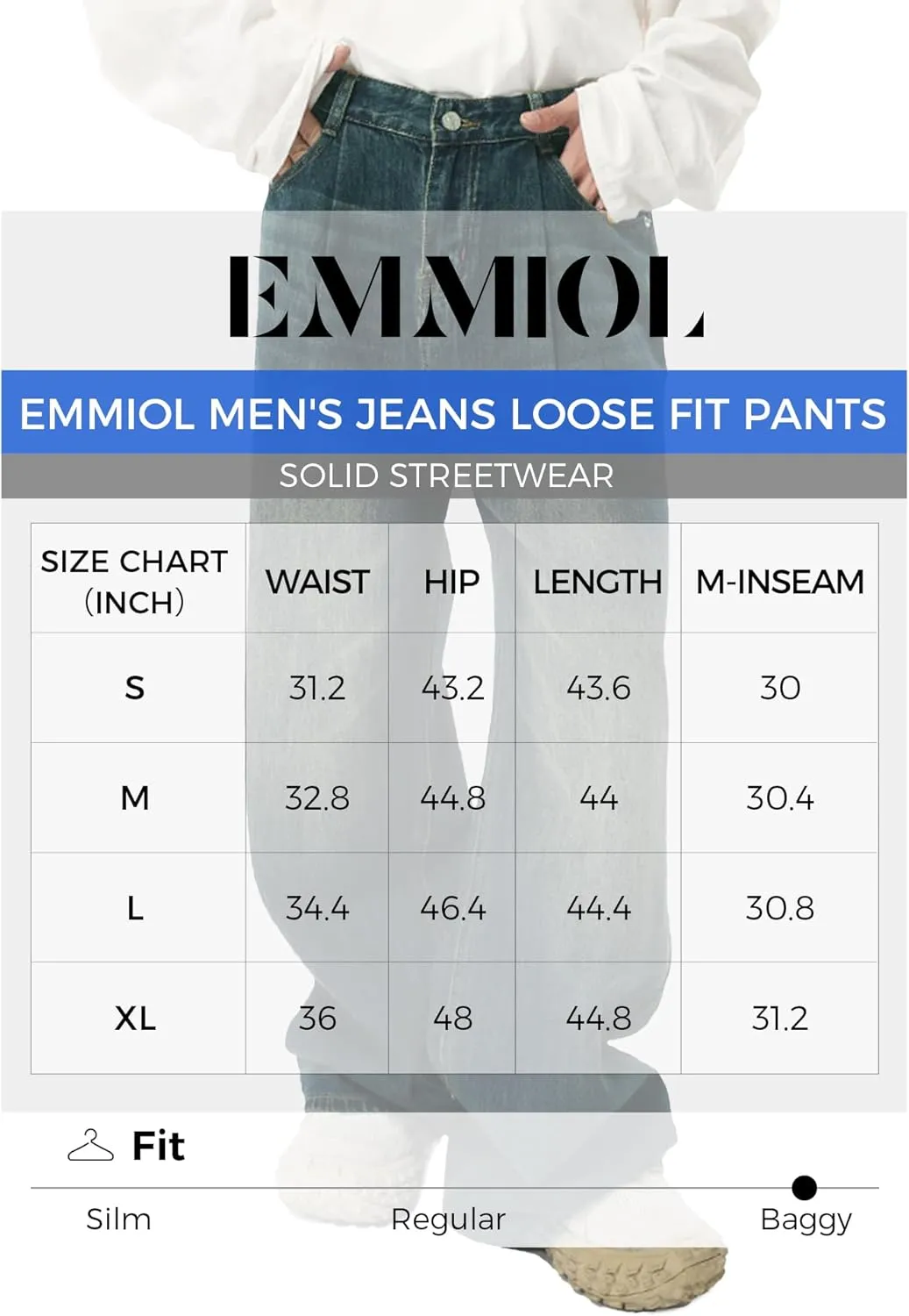 EMMIOL Mens Baggy Hip Hop Jeans Y2K 90s Vintage Trousers Solid Loose Fit Denim Pants Streetwear