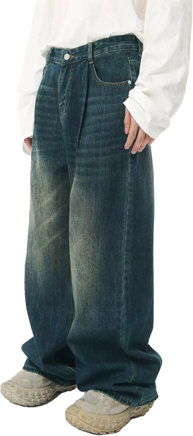 EMMIOL Mens Baggy Hip Hop Jeans Y2K 90s Vintage Trousers Solid Loose Fit Denim Pants Streetwear
