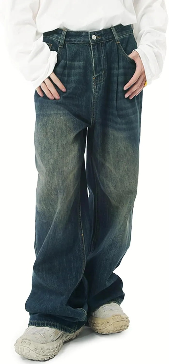 EMMIOL Mens Baggy Hip Hop Jeans Y2K 90s Vintage Trousers Solid Loose Fit Denim Pants Streetwear