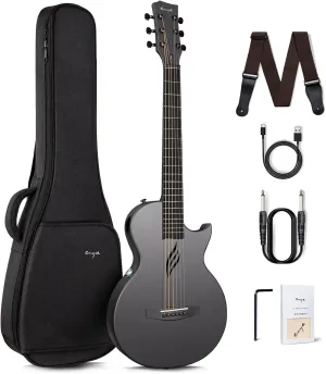 Enya NOVA Go SP1 Carbon Fiber Acoustic Electric Guitar with Smart AcousticPlus 35 Inch Travel Acustica Guitarra Starter Bundle Kit of Gig Bag, Strap, Strings, Charging Cable, Instrument Cable(Black)