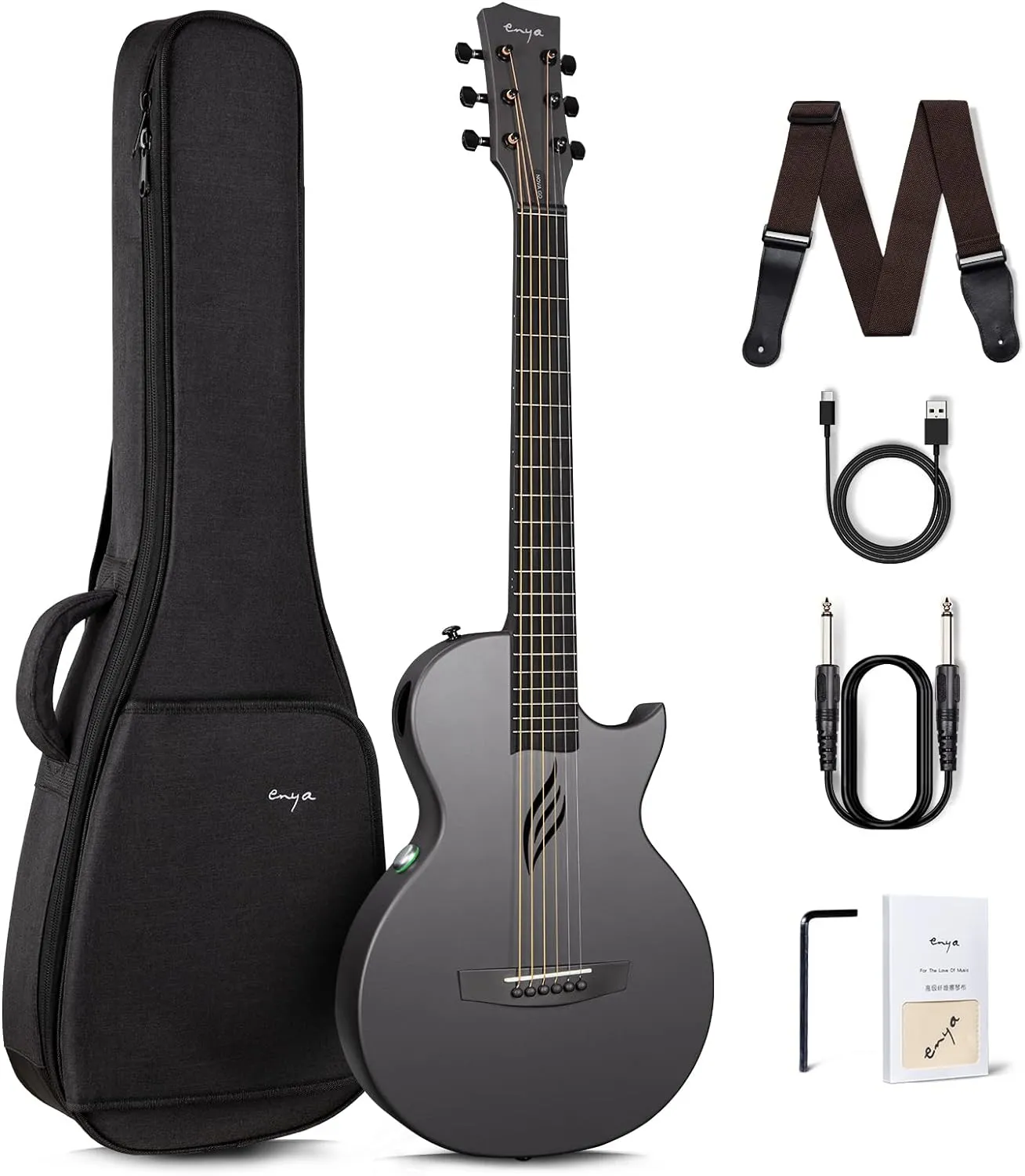 Enya NOVA Go SP1 Carbon Fiber Acoustic Electric Guitar with Smart AcousticPlus 35 Inch Travel Acustica Guitarra Starter Bundle Kit of Gig Bag, Strap, Strings, Charging Cable, Instrument Cable(Black)