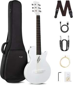 Enya NOVA Go SP1 Carbon Fiber Acoustic Electric Guitar with Smart AcousticPlus 35 Inch Travel Acustica Guitarra Starter Bundle Kit of Gig Bag, Strap, Strings, Charging Cable, Instrument Cable(White)