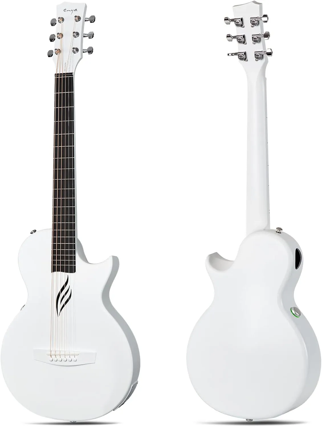 Enya NOVA Go SP1 Carbon Fiber Acoustic Electric Guitar with Smart AcousticPlus 35 Inch Travel Acustica Guitarra Starter Bundle Kit of Gig Bag, Strap, Strings, Charging Cable, Instrument Cable(White)
