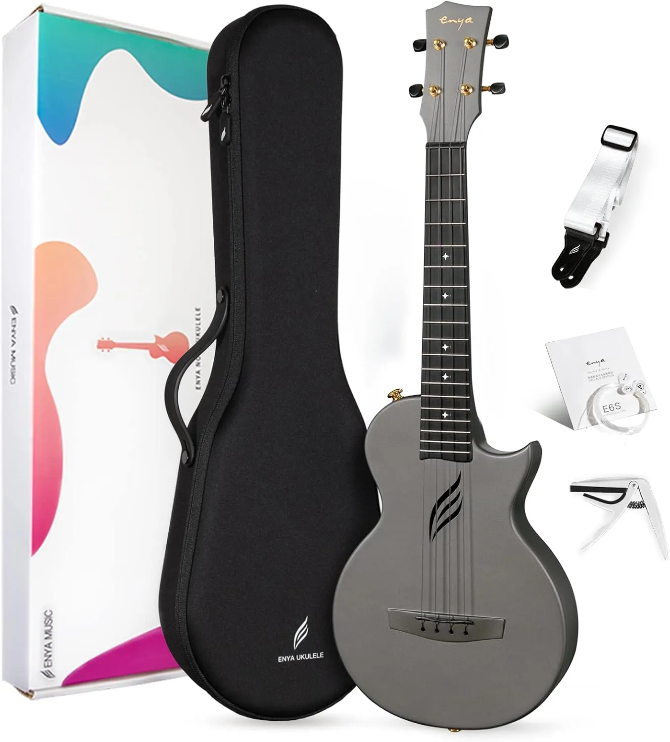Enya Tenor Ukulele 26 Inch Carbon Fiber Cutaway Travel Ukelele for Adult with Beginner Bundle Kit Including Case, Strap, Capo and Strings（Nova U Pro Black）
