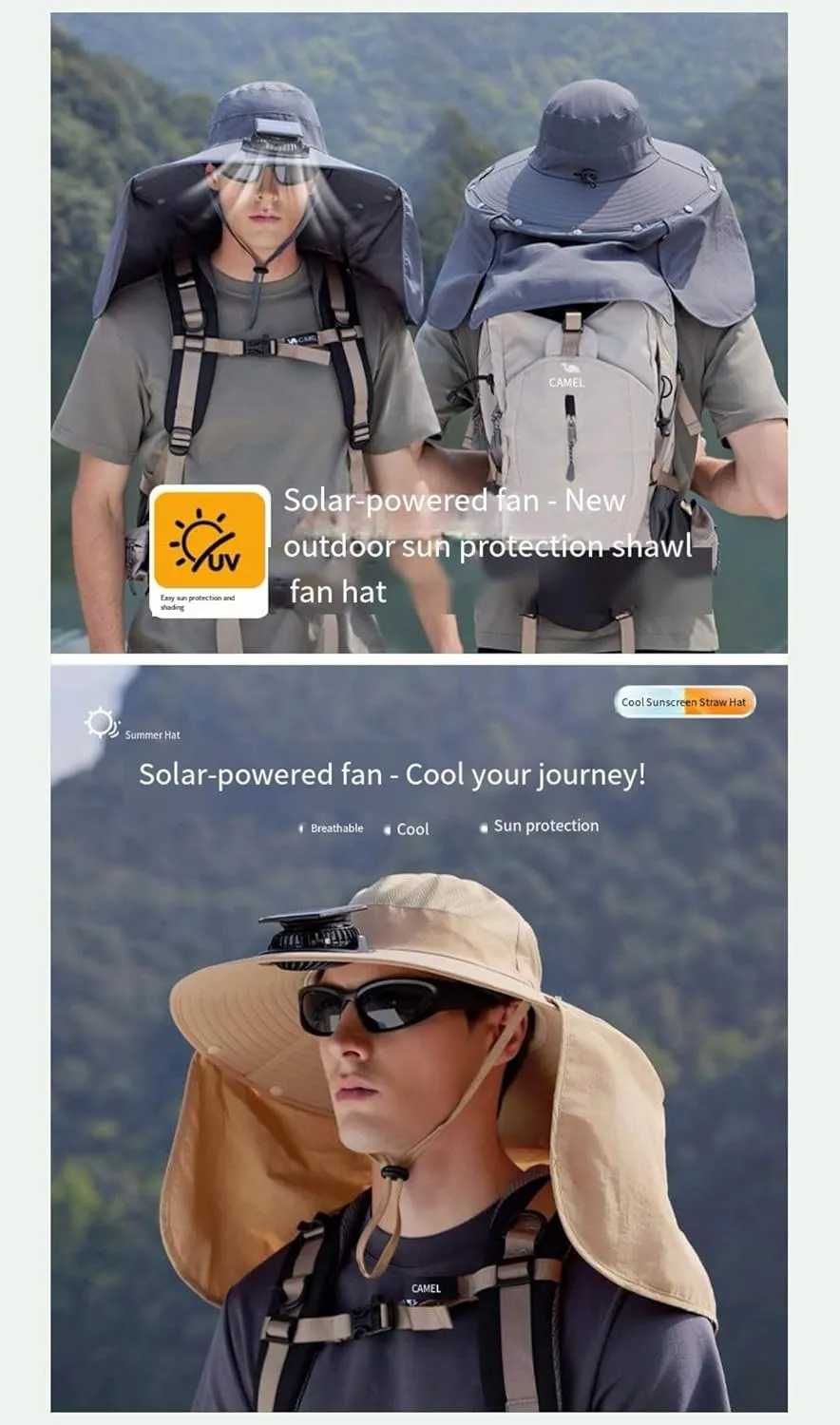 Essential for Outdoors! Extra - Large Brim Solar - Powered Fan Neck - Flap Sun Protection Fishing & Hiking Hat