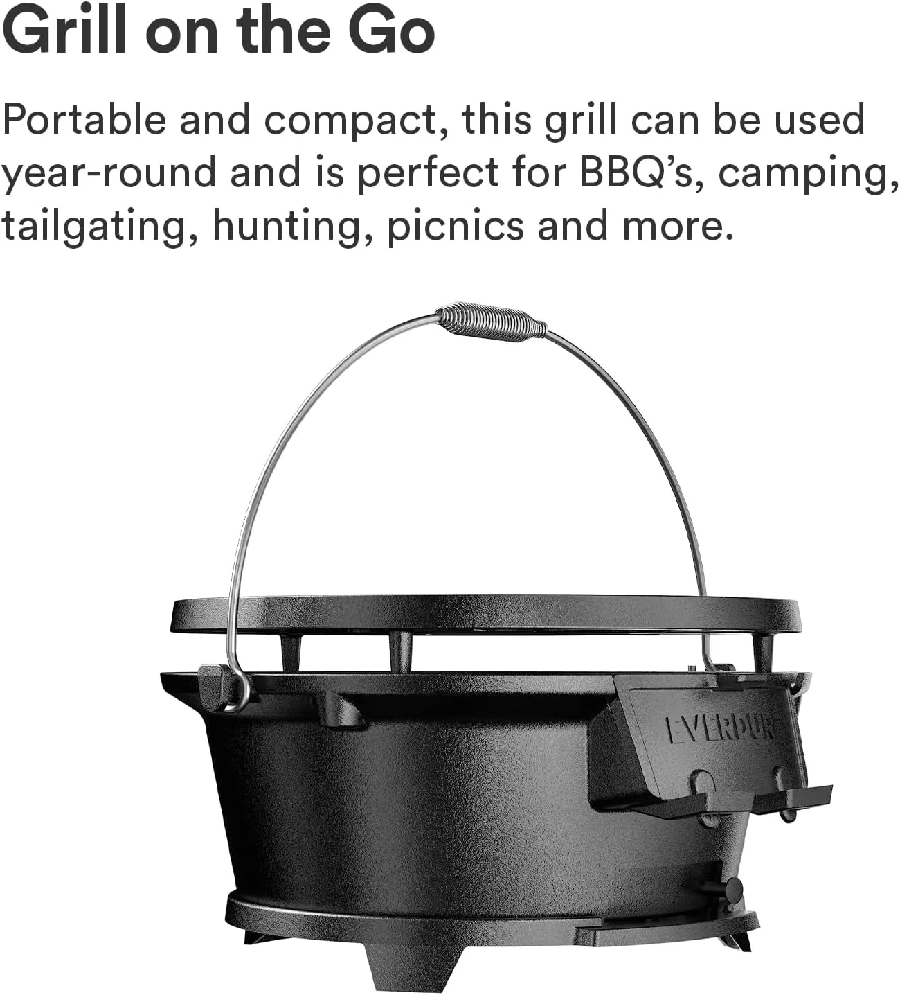 Everdure Round Cast Iron Grill & Cover – Outdoor, 2-In-1 Portable, Tabletop Grill and Griddle - 100% Cast Iron, Enameled, Durable, Small Charcoal Grill, Camping Stove or Hibachi Grill