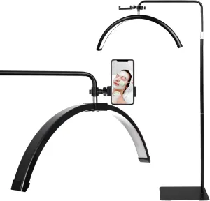 Eyelash Tech LED Floor Lamp Adjustable Brightness Rotatable Half Moon Standing Lamp Lash Extension Artists Light Beauty Skincare Eyebrows Tattoo Phone Holder Facial Salon Makeup (Black)