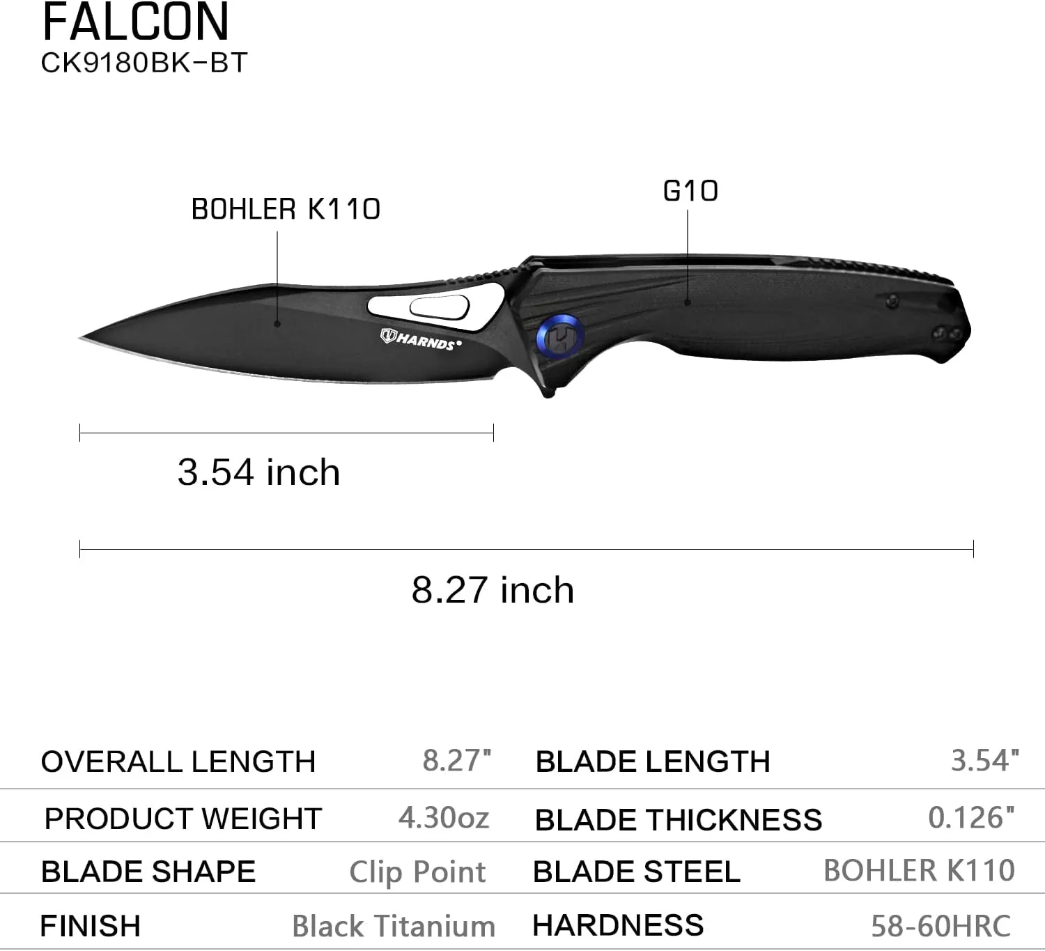 Falcon Pocket Knife with BOHLER K110 Steel Folding Knife with G10 Handle (Black Black titanium)