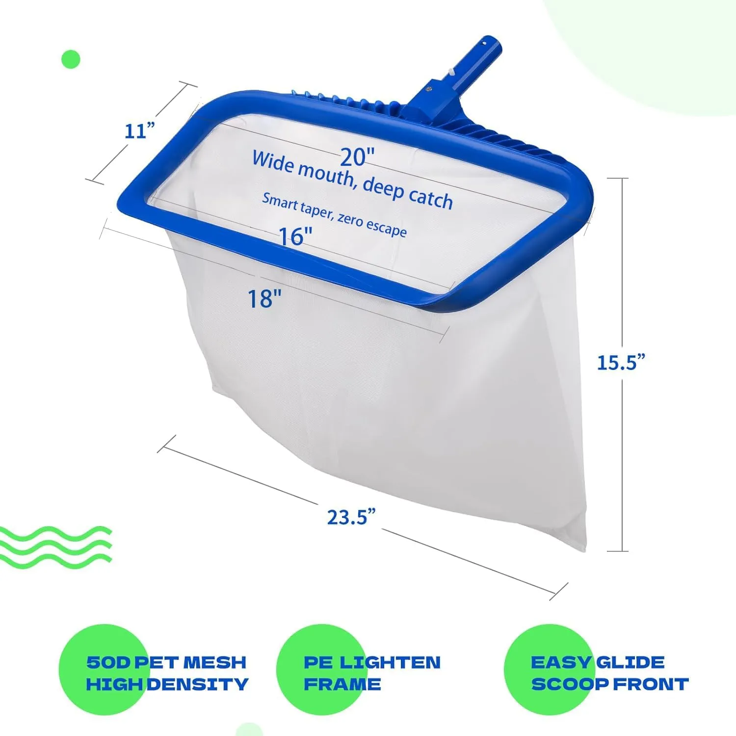 Fangool Large Pool Net Skimmer 20” – Heavy Duty Deep Bag Leaf Rake, Durable Pool Cleaning Tool for Inground & Above Ground Pools, Skimmer Net for Leaves and Debris, Fits Standard 1-1/4” Pole