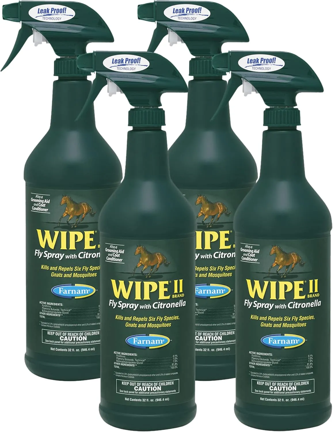Farnam Wipe II Horse Fly Spray with Citronella, Grooming Aid and Coat Conditioner, 32 Fluid Ounces, One Quart Bottle with Trigger Sprayer (Pack of 4)