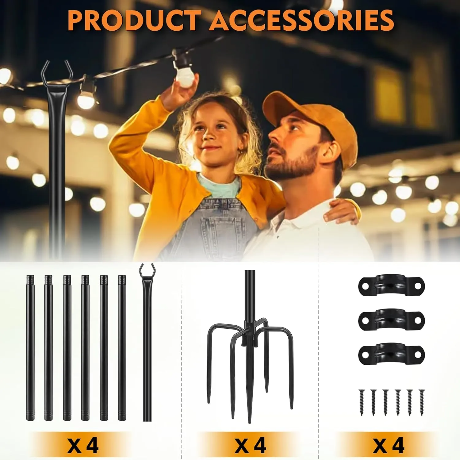 FEED GARDEN 4 Pack String Light Poles for Outside, 9.8FT Metal Poles for Outdoor String Lights, Stand Poles for Deck, Garden, Patio, Wedding, Backyard, Christmas Party