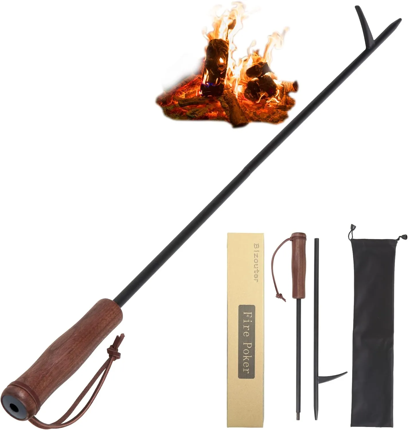Fire Poker 34inch 2 in 1 Foldable Fire Poker & Blow Stick Fireplace Tool with Wooden Ergonomic Handle, Portable Fire Pit Poker for Campfire,Wood Burning Stove & BBQ