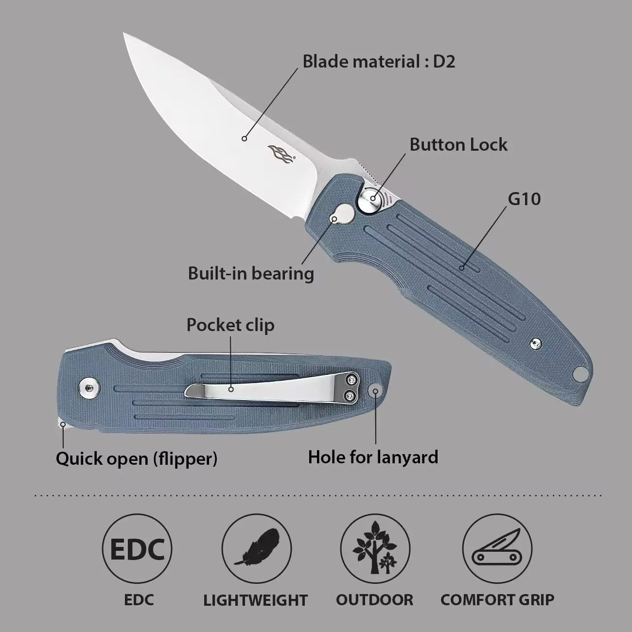 Firebird GANZO FH926-BK Pocket Folding Knife Button Lock D2 Steel Blade G10 Anti-Slip Handle with Clip Camping Outdoor EDC Utility Knife Best Gift for Men Women (Black)