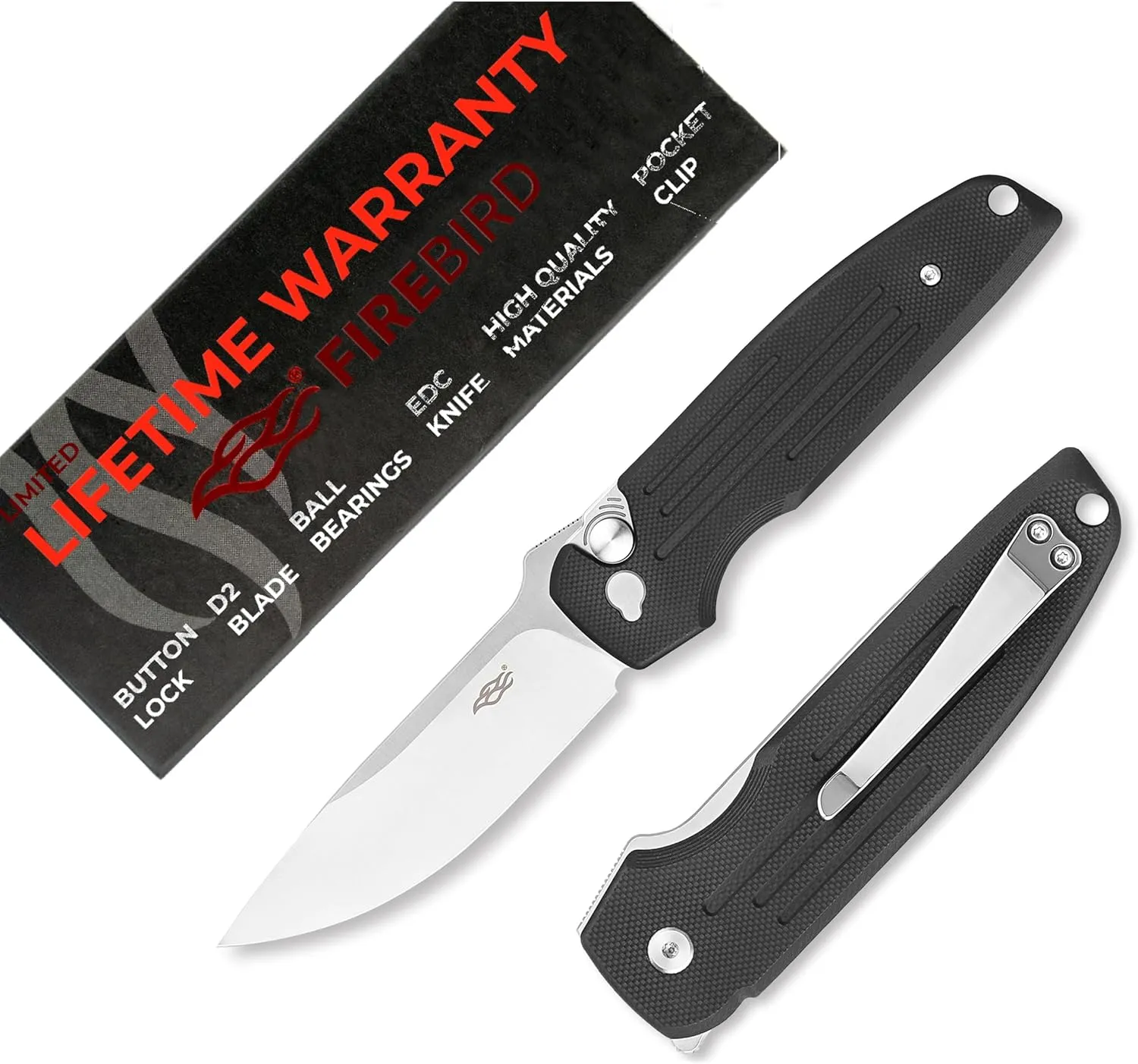 Firebird GANZO FH926-BK Pocket Folding Knife Button Lock D2 Steel Blade G10 Anti-Slip Handle with Clip Camping Outdoor EDC Utility Knife Best Gift for Men Women (Black)