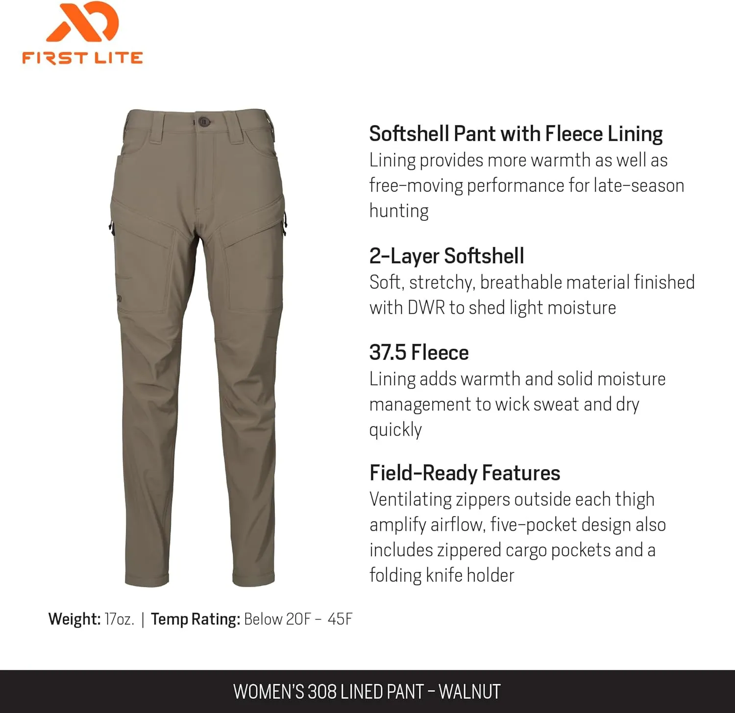 First Lite Women's 308 Lined Pant - Fleece-Lined Stretch Camo Hunting Pants with Hip Vents
