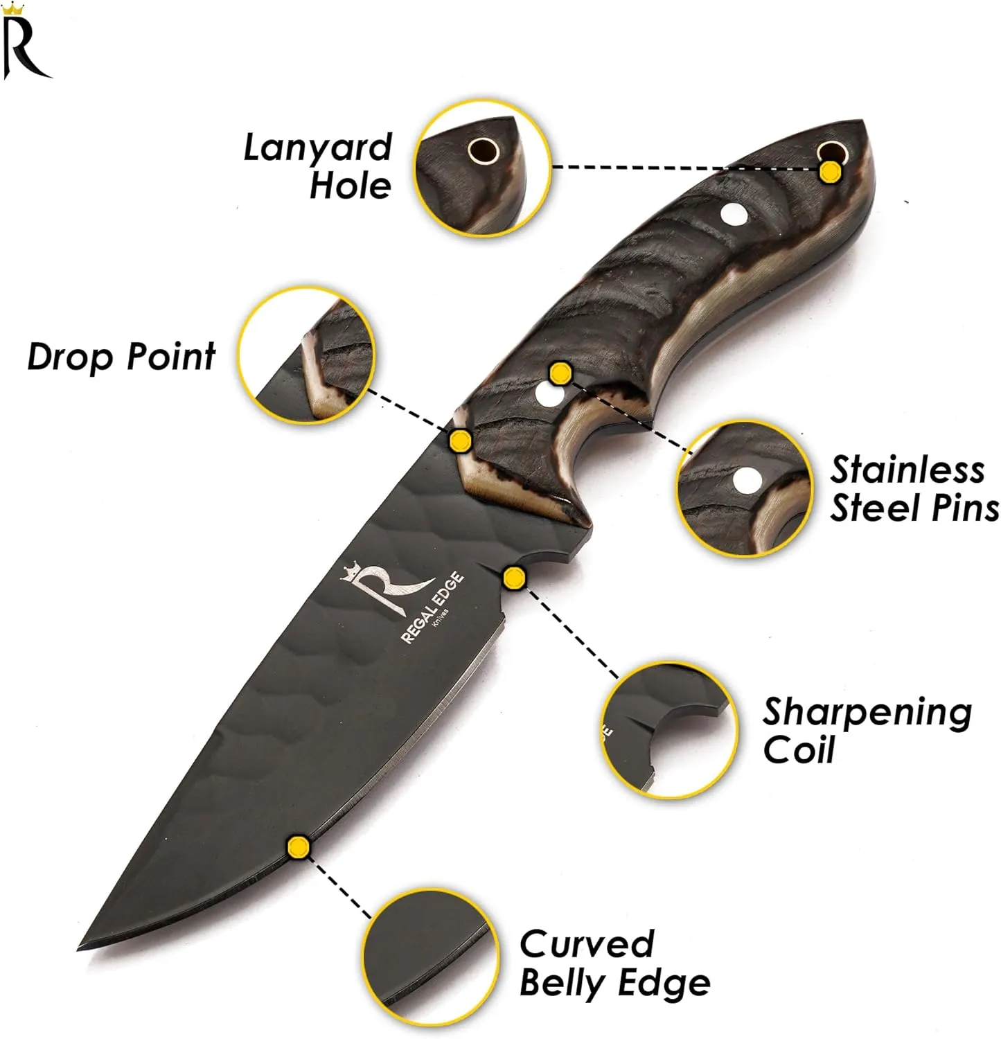 Fixed Blade Knife – 9" Black Coated Drop Point Hunting Knife With Leather Sheath - Full Tang 1095c High Carbon Steel - For Outdoor Use