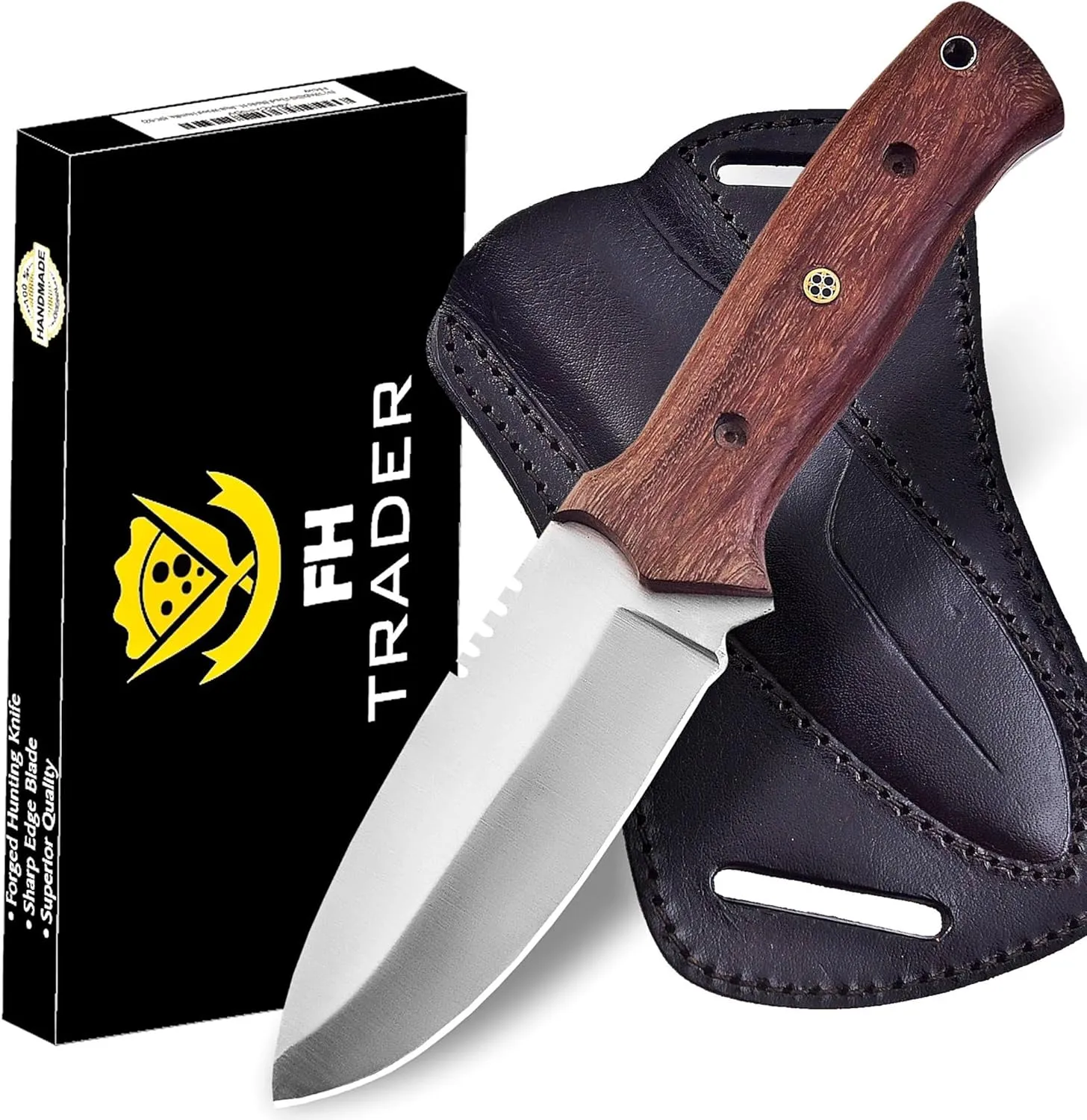 Fixed Blade Tracker Knife - 9.6 Inch Stainless Steel Razor Sharp Blade Full Tang Bushcraft Knife with Premium Leather Sheath. Ideal For Hunting, Outdoor Camping, Hiking, Skiing