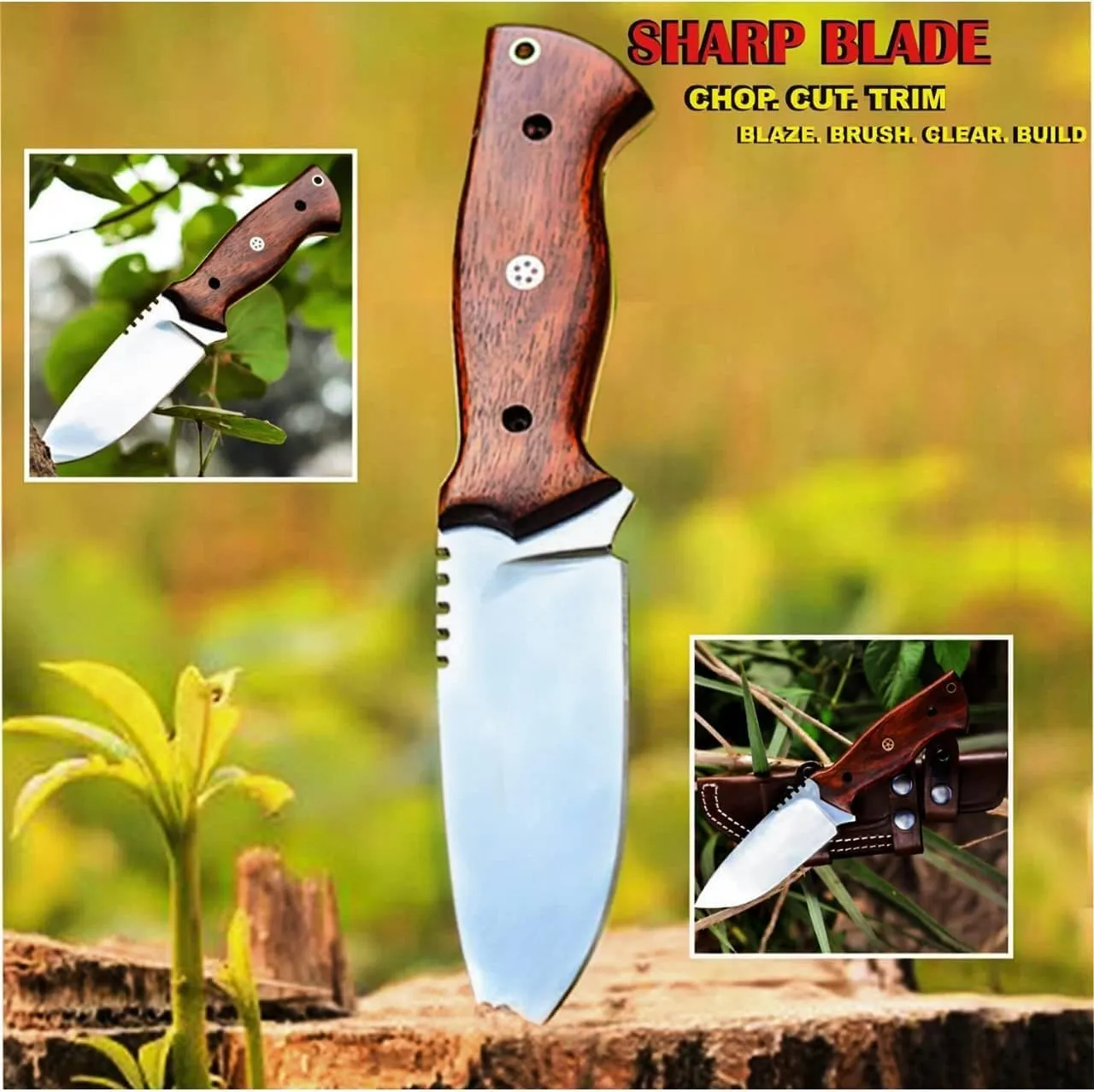 Fixed Blade Tracker Knife - 9.6 Inch Stainless Steel Razor Sharp Blade Full Tang Bushcraft Knife with Premium Leather Sheath. Ideal For Hunting, Outdoor Camping, Hiking, Skiing