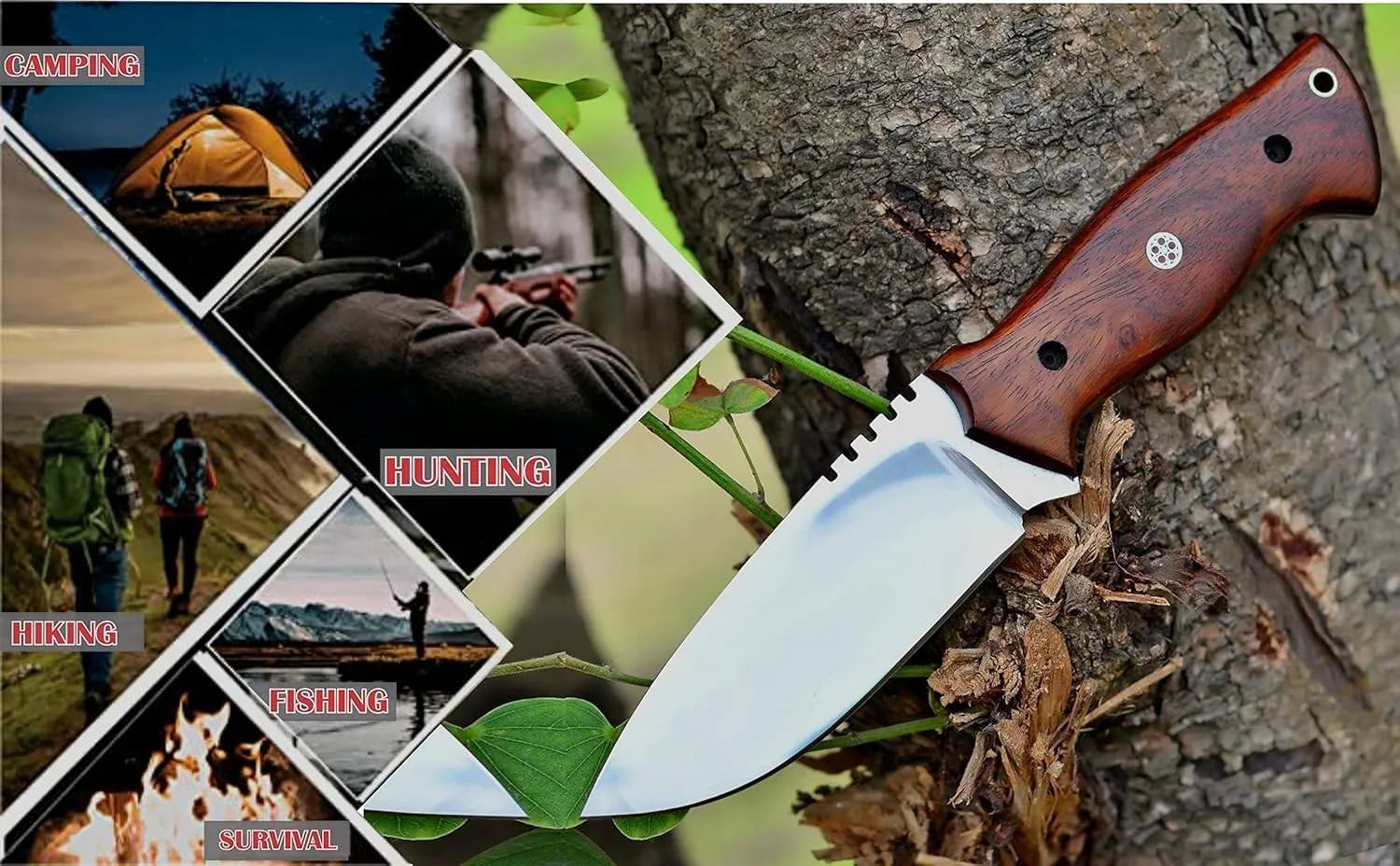 Fixed Blade Tracker Knife - 9.6 Inch Stainless Steel Razor Sharp Blade Full Tang Bushcraft Knife with Premium Leather Sheath. Ideal For Hunting, Outdoor Camping, Hiking, Skiing