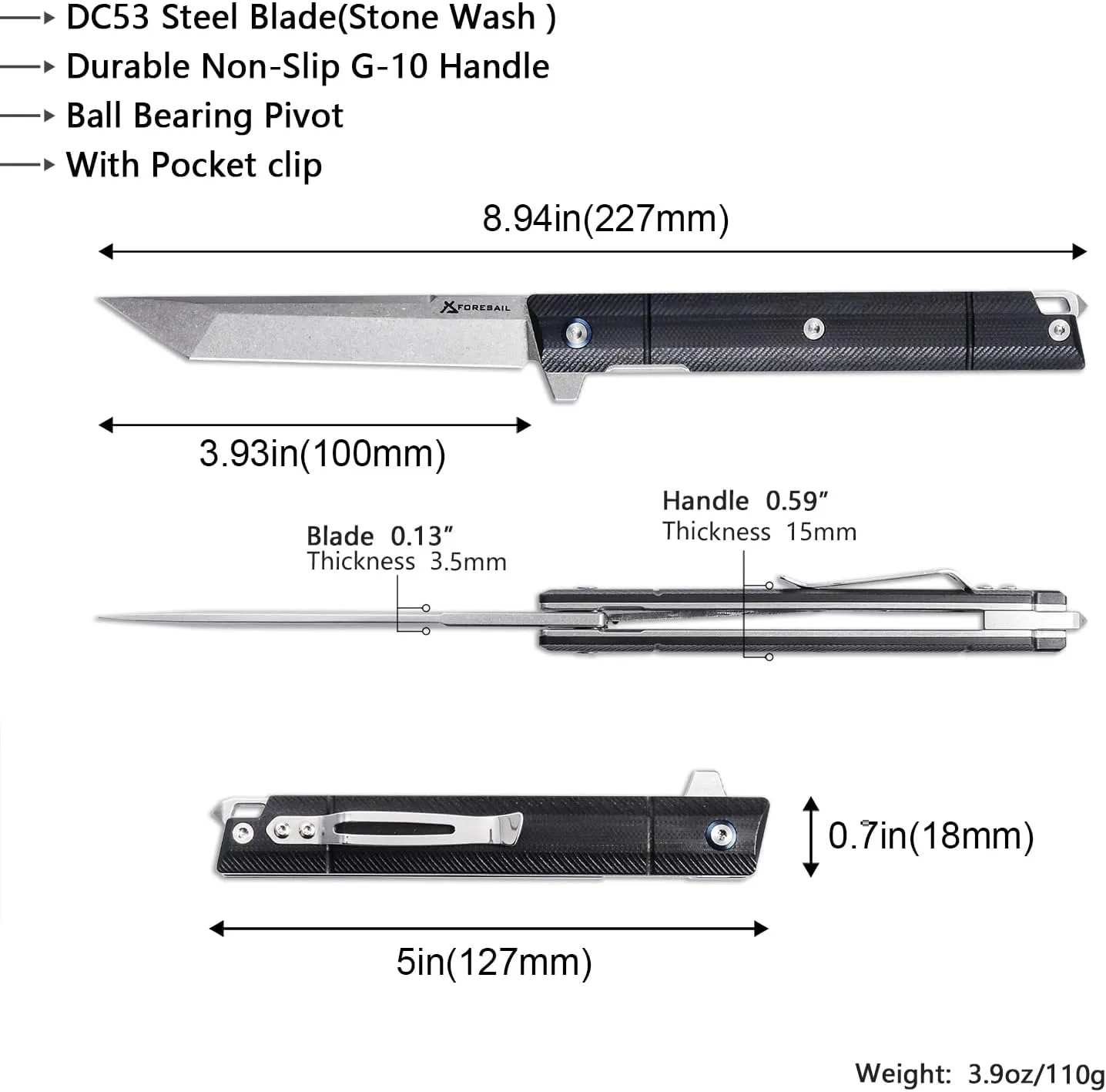 Flipper Pocket Folding Knife,DC53 Steel Blade and G10 Handle. With pocket clip and glass breaker,men's pocket knife hiking trip EDC tool Knife (Stone Wash Blade-T)
