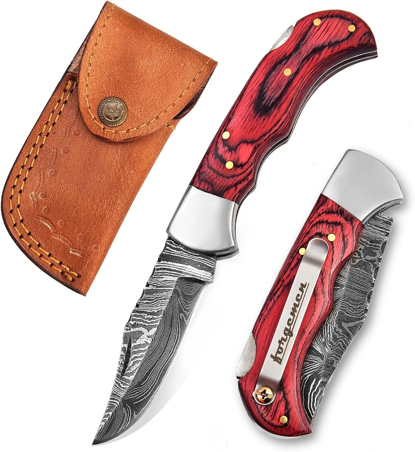 FM807 Pocket knife, Folding Clip Damascus Handmade Custom for Men Cool Good Camping Hunting Fishing & s Activities EDC Knives Leather Sheath Knife., Blue (Red)