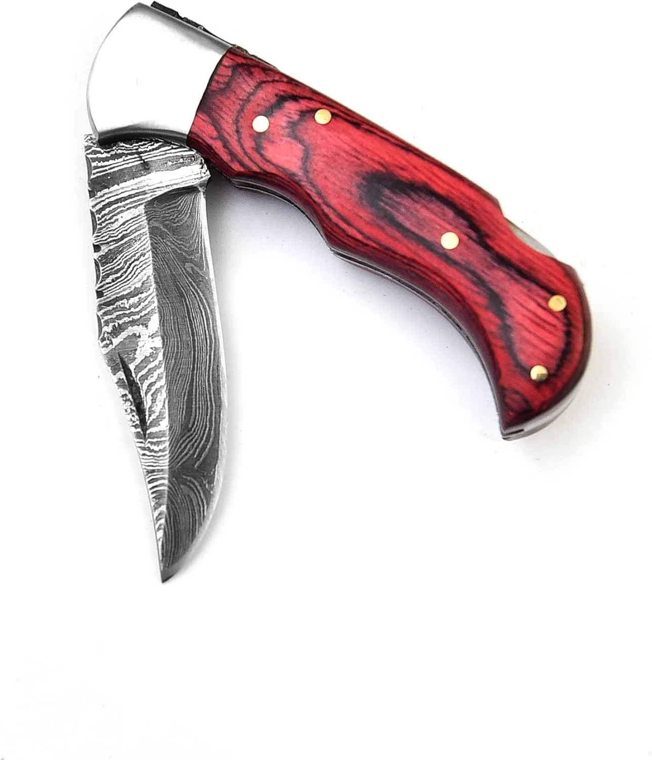 FM807 Pocket knife, Folding Clip Damascus Handmade Custom for Men Cool Good Camping Hunting Fishing & s Activities EDC Knives Leather Sheath Knife., Blue (Red)