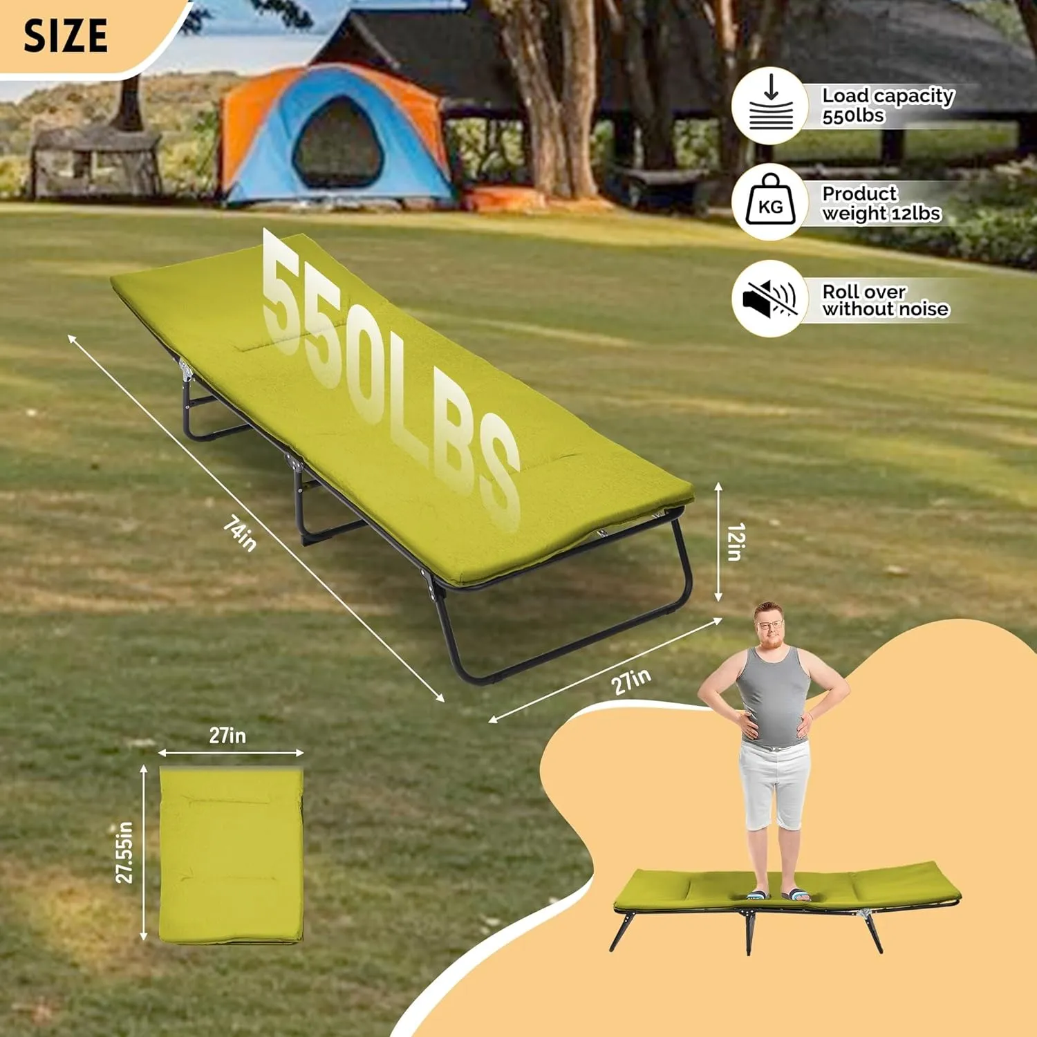 Folding Camping Cot for Adults, 5-Angle Adjustable Camping Cot Heavy Duty Outdoor Bed with Carry Bag, 1200 D Layer Oxford Travel Camp Cots(Green)