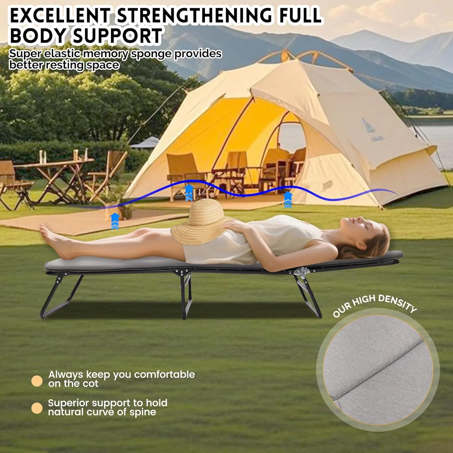 Folding Camping Cot for Adults, 5-Angle Adjustable Camping Cot Heavy Duty Outdoor Bed with Carry Bag,1200 D Layer Oxford Travel Camp Cots (Grey)
