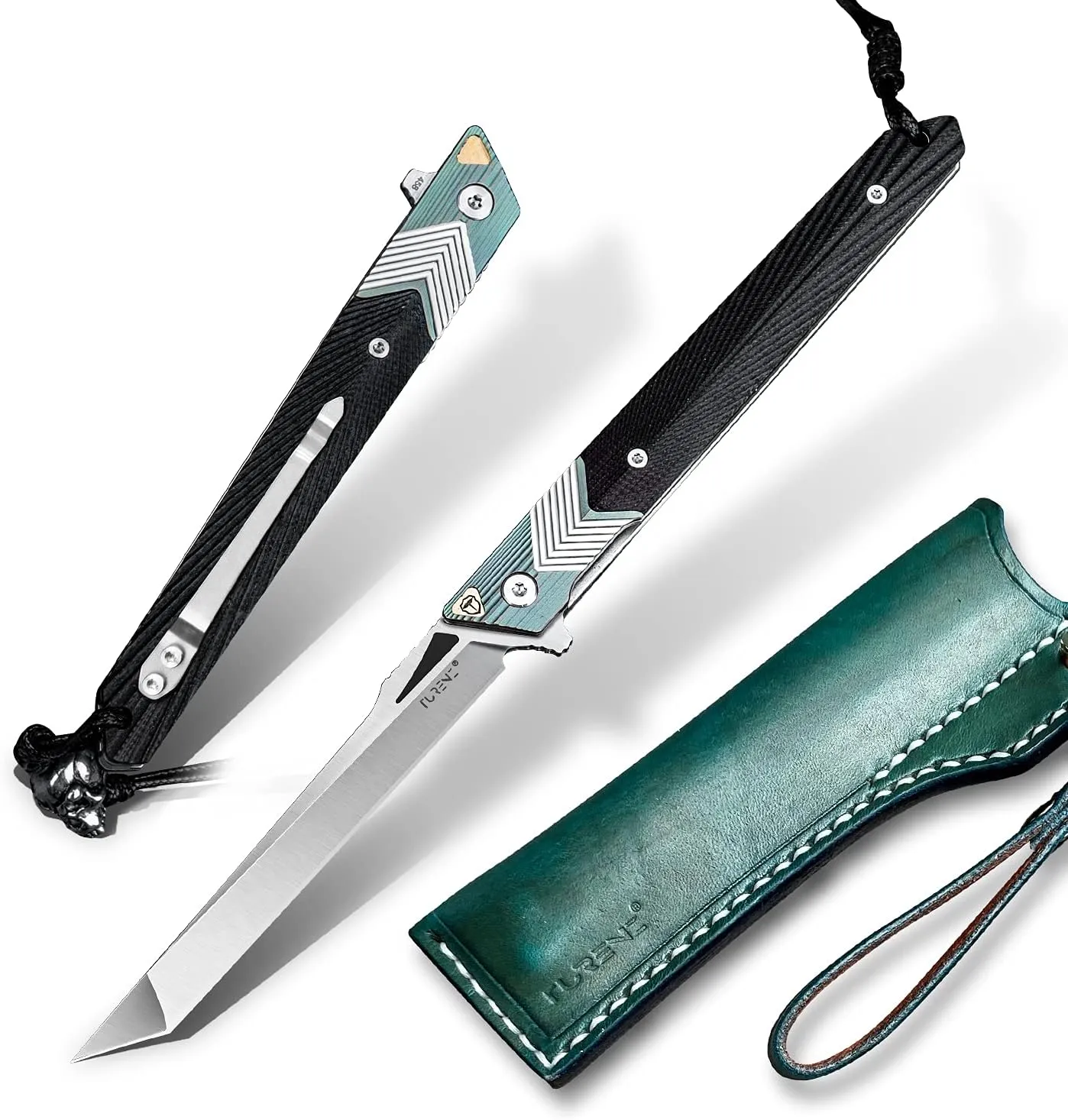 Folding Knife with Clip, 14C28N Steel Tanto Blade, Non-slip Titanium Alloy Handle Lightweight EDC Gentleman's Pocket Knife with Sheath for Belt